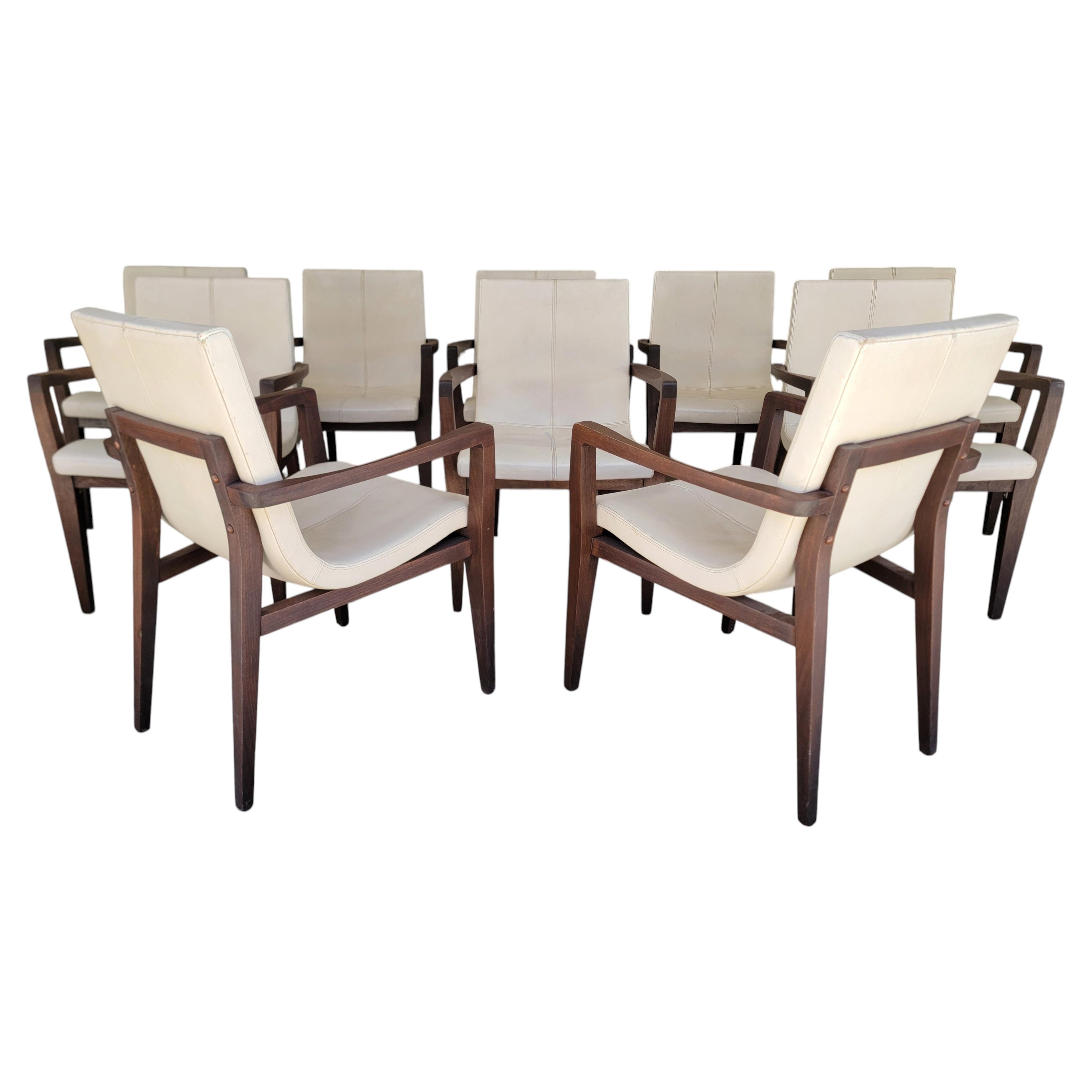 Authentic Holly Hunt "Studio H" Leather Scoop Dining Arm Chairs Set 10 For Sale