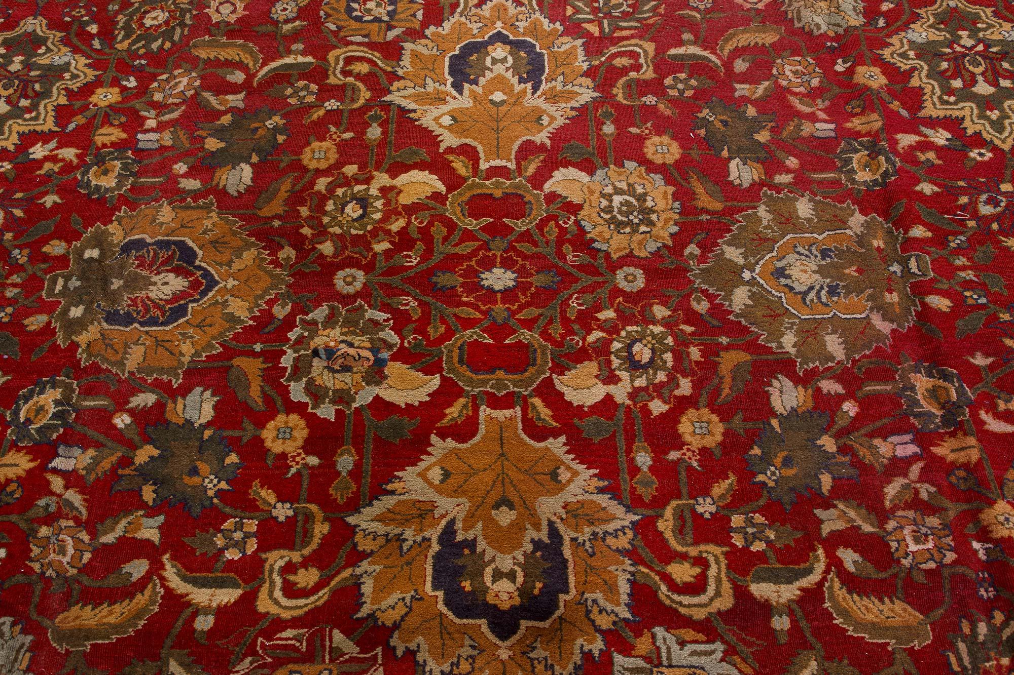 Hand-Knotted Authentic Indian Agra Bold Red Handmade Wool Carpet For Sale