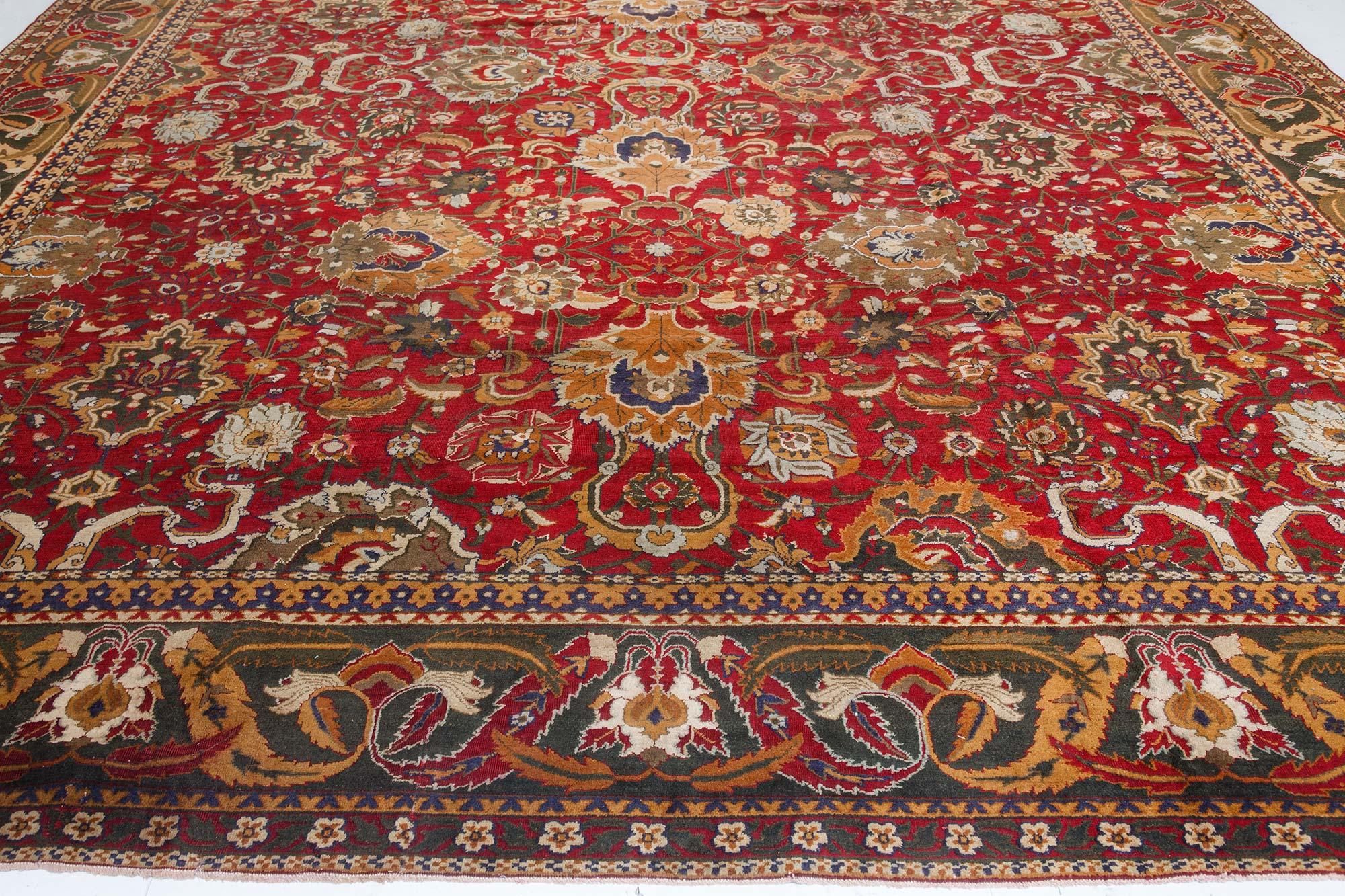 Authentic Indian Agra Bold Red Handmade Wool Carpet For Sale 2