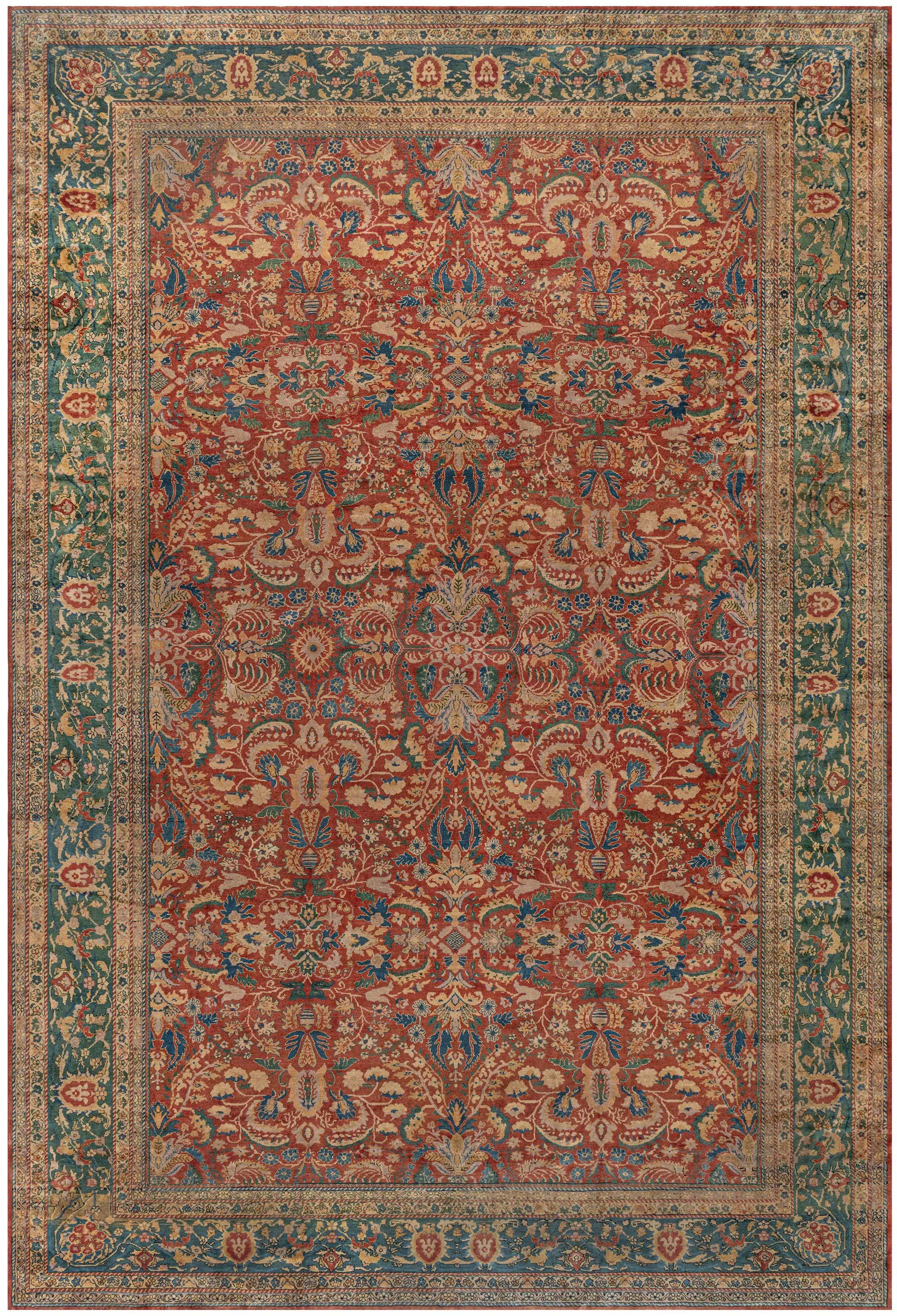 Authentic Indian Red Botanic Handmade Wool Rug For Sale