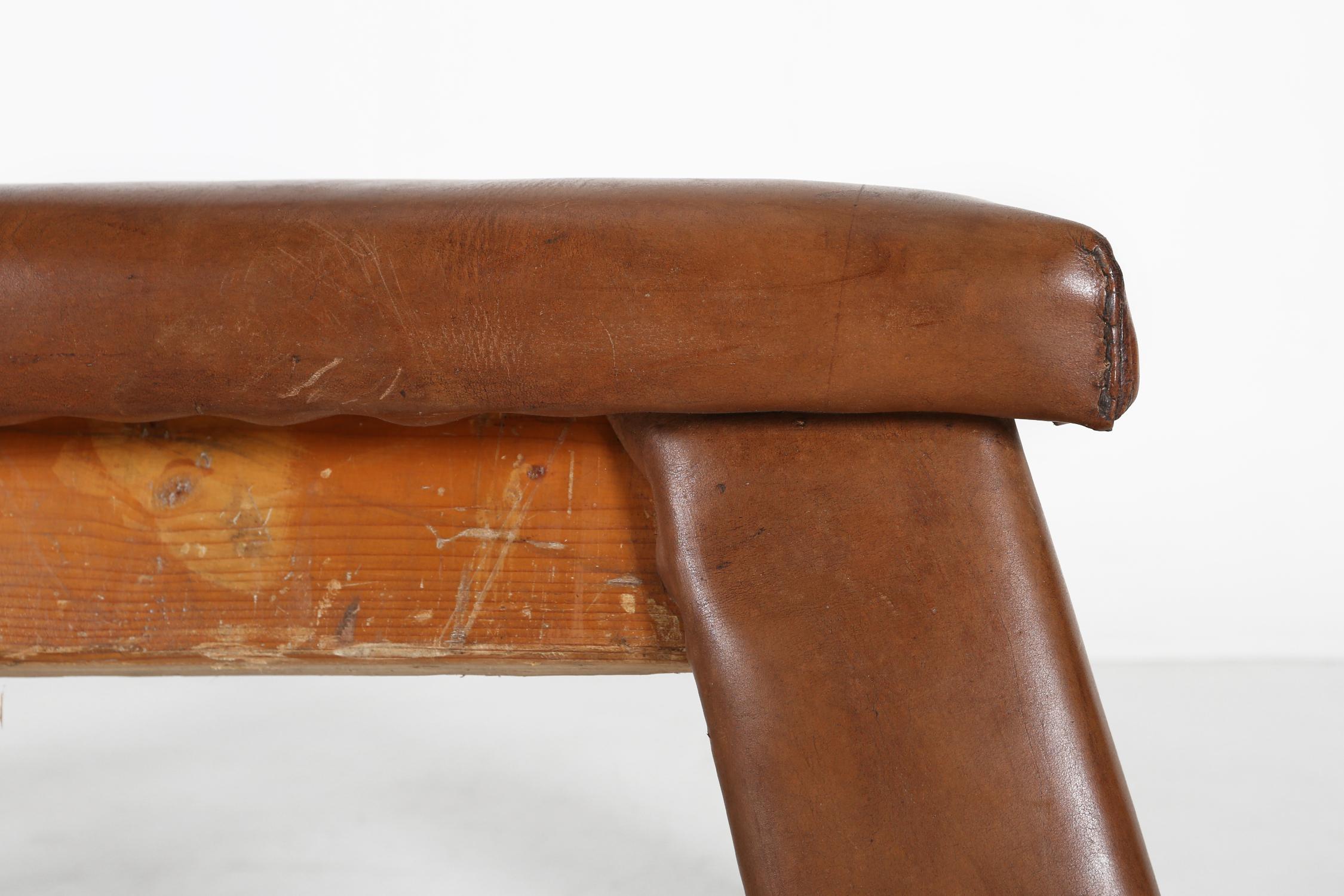 Industrial Authentic industrial leather gym bench, Belgium,  1930s For Sale