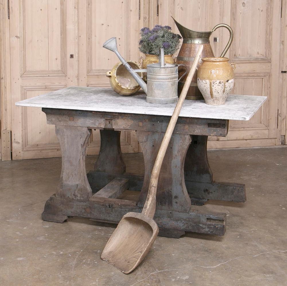 Rustic industrial authentic work table with cast stone top was salvaged from a factory in liege, and was built so strong, it would literally hold up part of your house! An excellent handsome choice for a solarium or covered outdoor space, it was