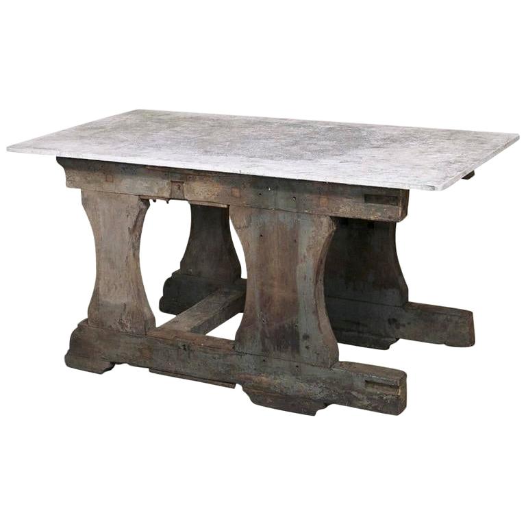 Long Industrial Work Table with Wood Top and Iron Base from Holland