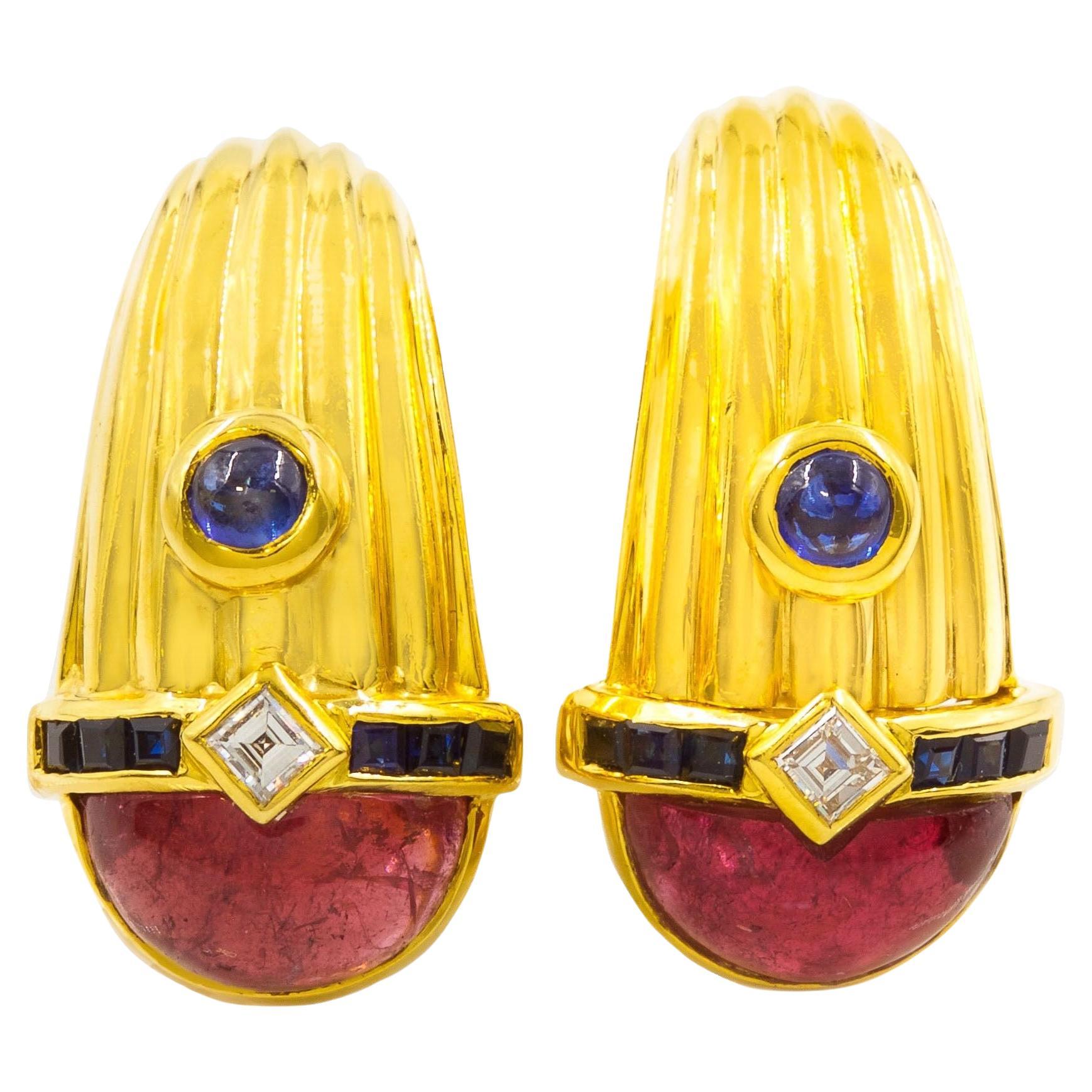 Authentic Italian 18k Gold, Tourmaline and Diamond Earrings by Roberto Legnazzi For Sale