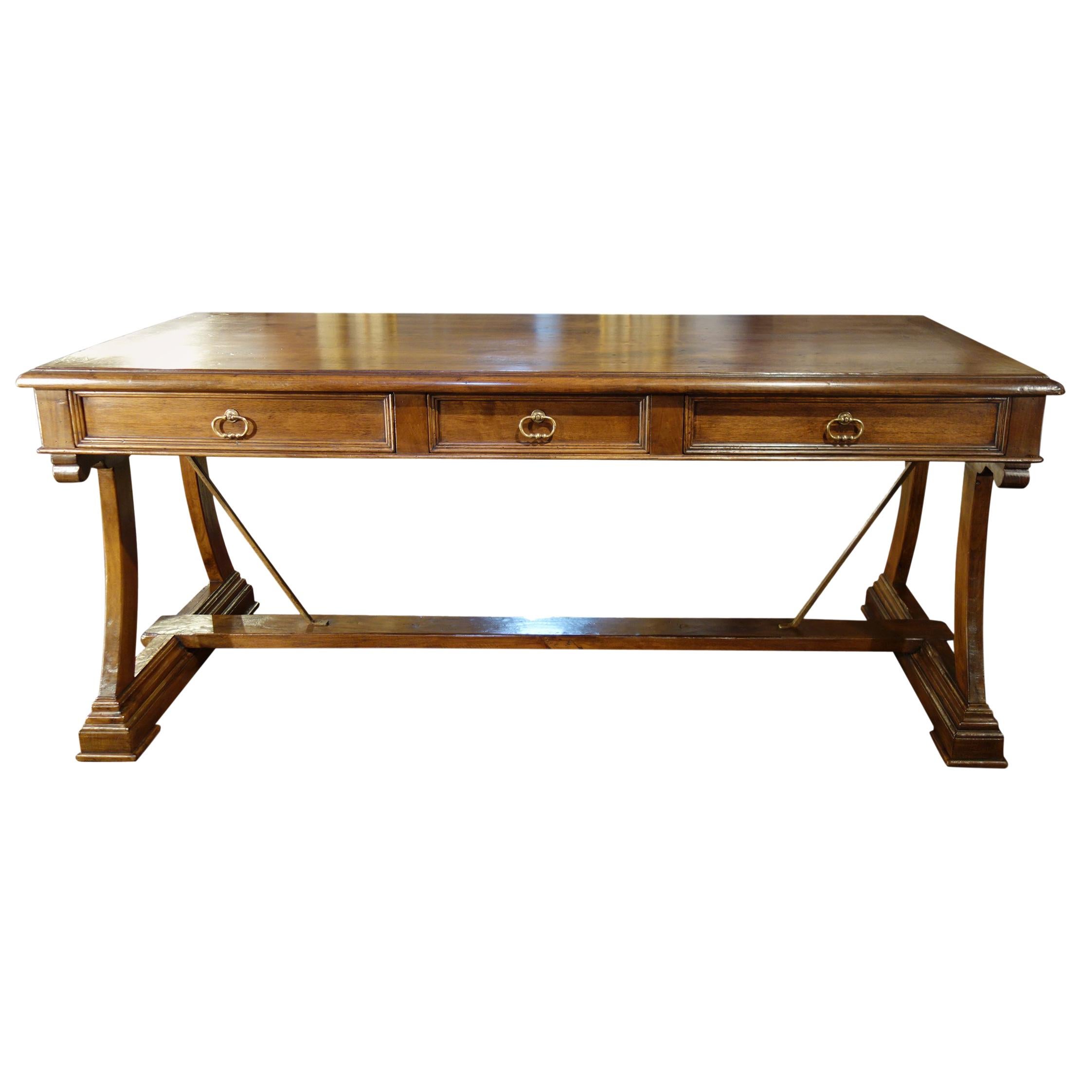 18th Century Style Italian Old Walnut Writing Table With 3 Drawers