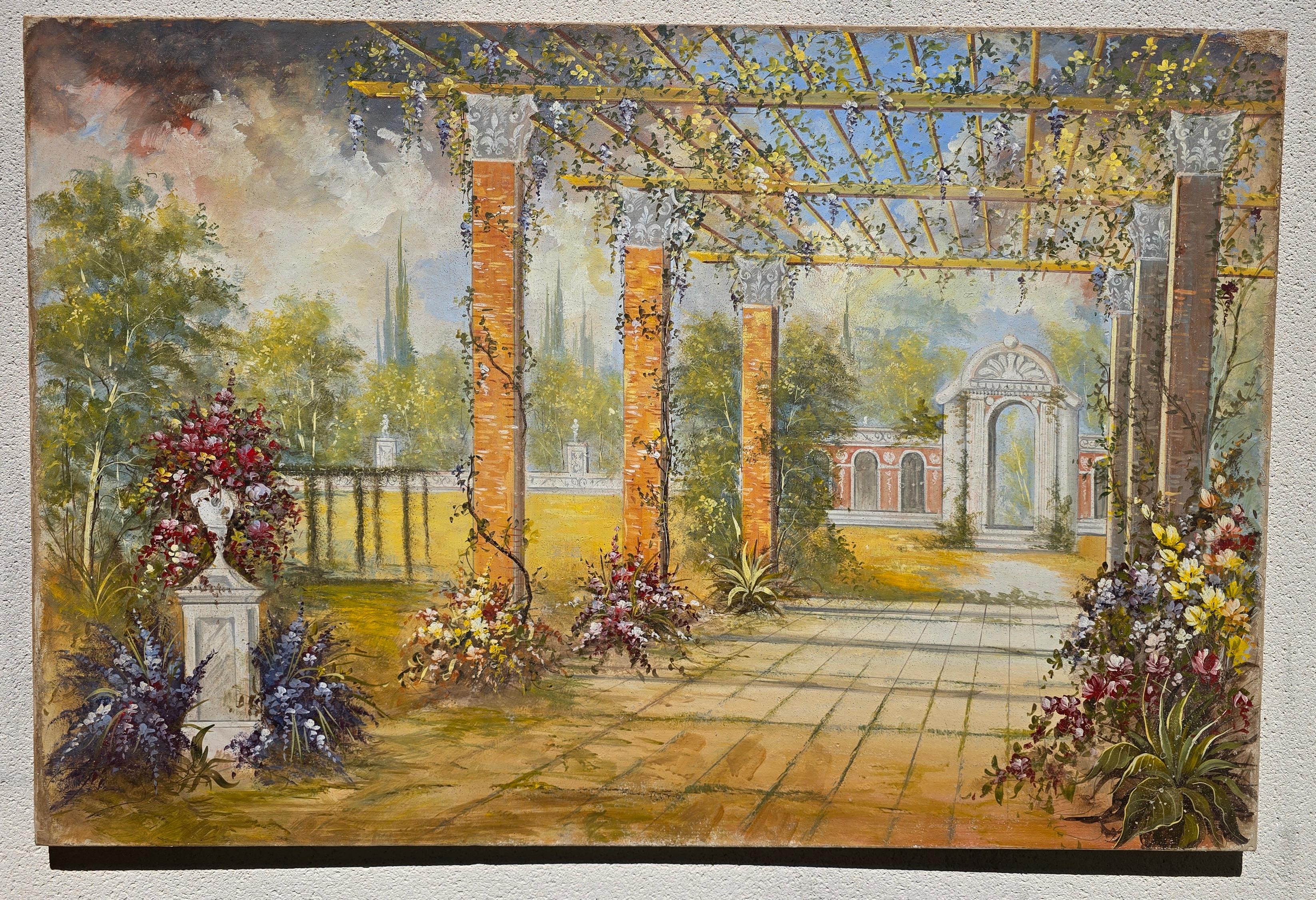 Authentic Italian Fresco on Canvas – “Giardino con Colonne”, Roman Villa Garden Scene (150 x 100 cm)

This authentic Italian fresco, titled “Giardino con Colonne”, presents a classical colonnade set in a lush, architectural garden — inspired by the