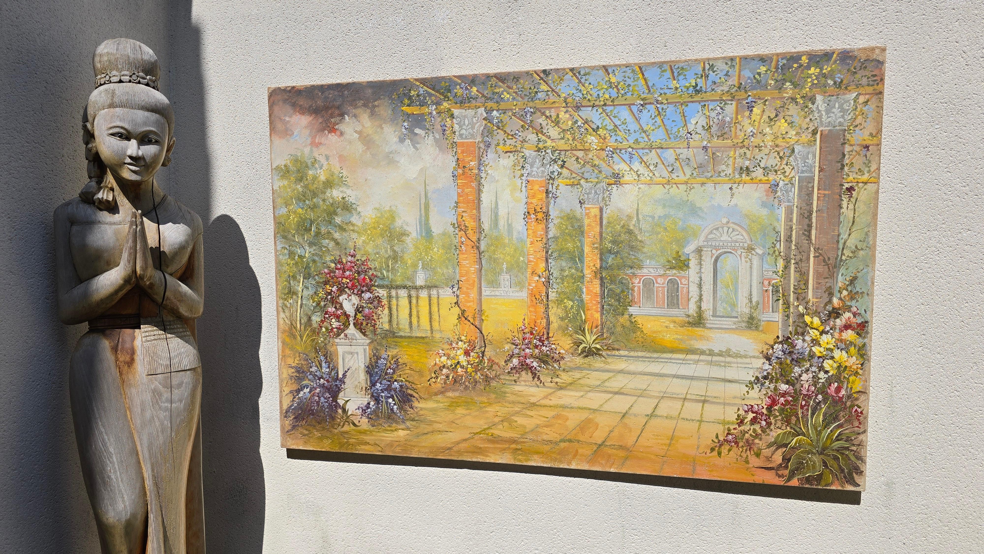 Hollywood Regency Authentic Italian Fresco on Canvas – “Giardino con Colonne” Roman Villa Garden For Sale
