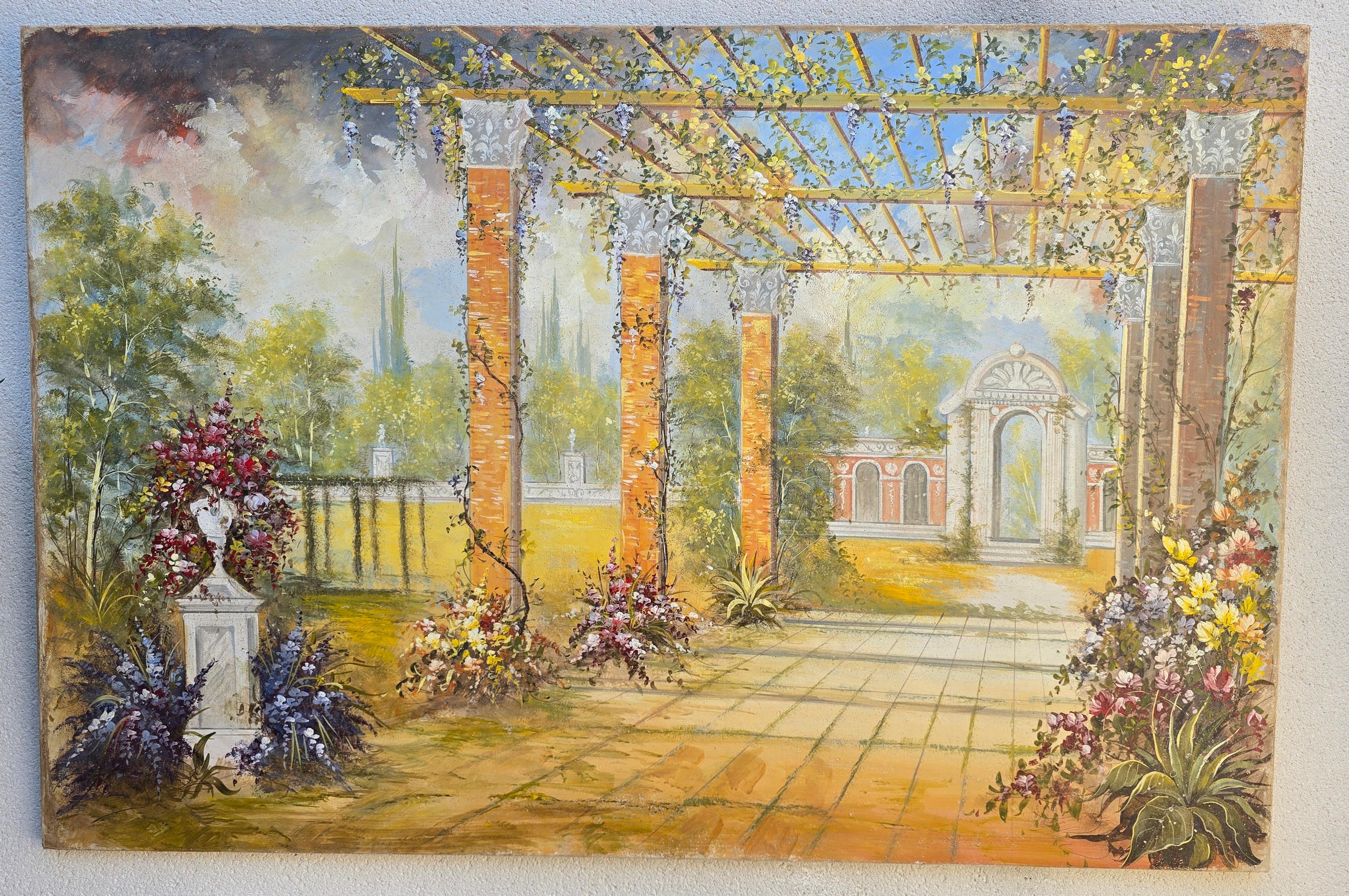 Authentic Italian Fresco on Canvas – “Giardino con Colonne” Roman Villa Garden For Sale 4