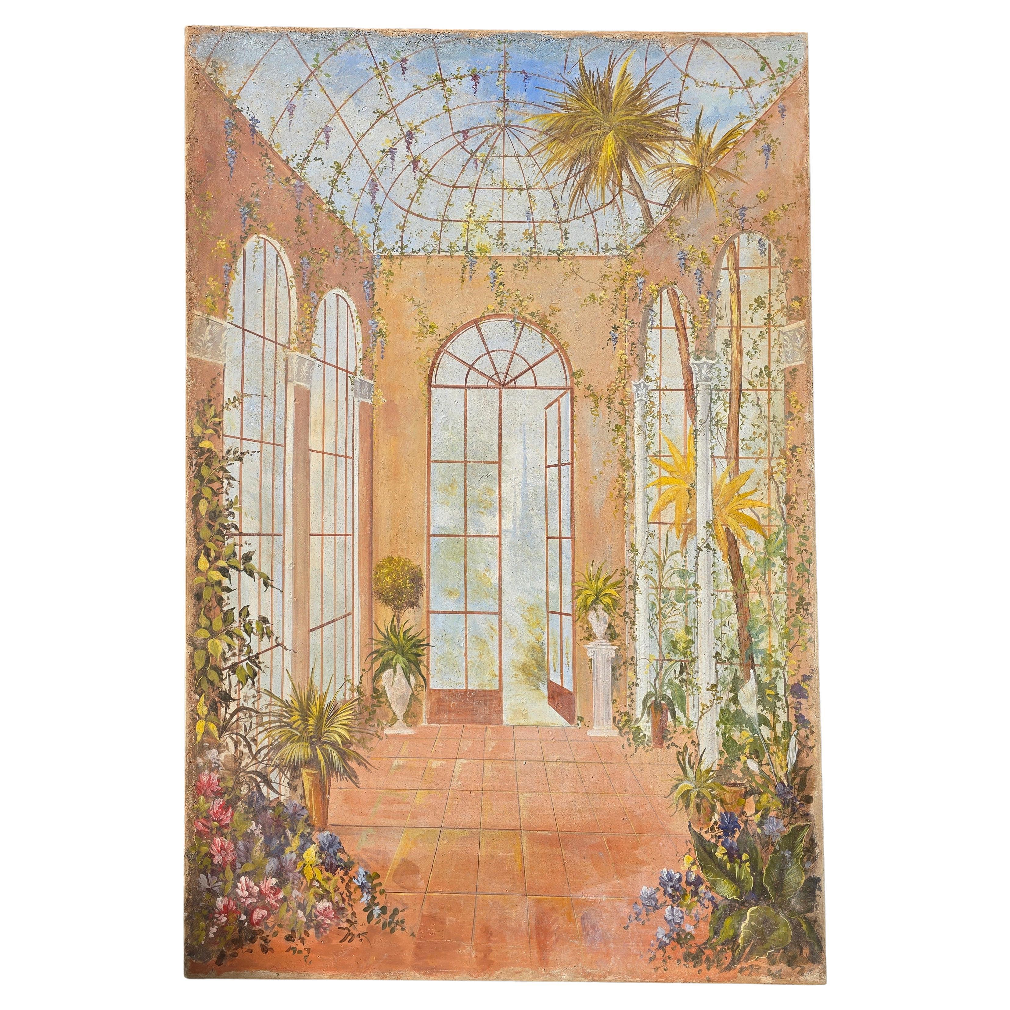 Authentic Italian Fresco Painting of a Classical Conservatory Garden