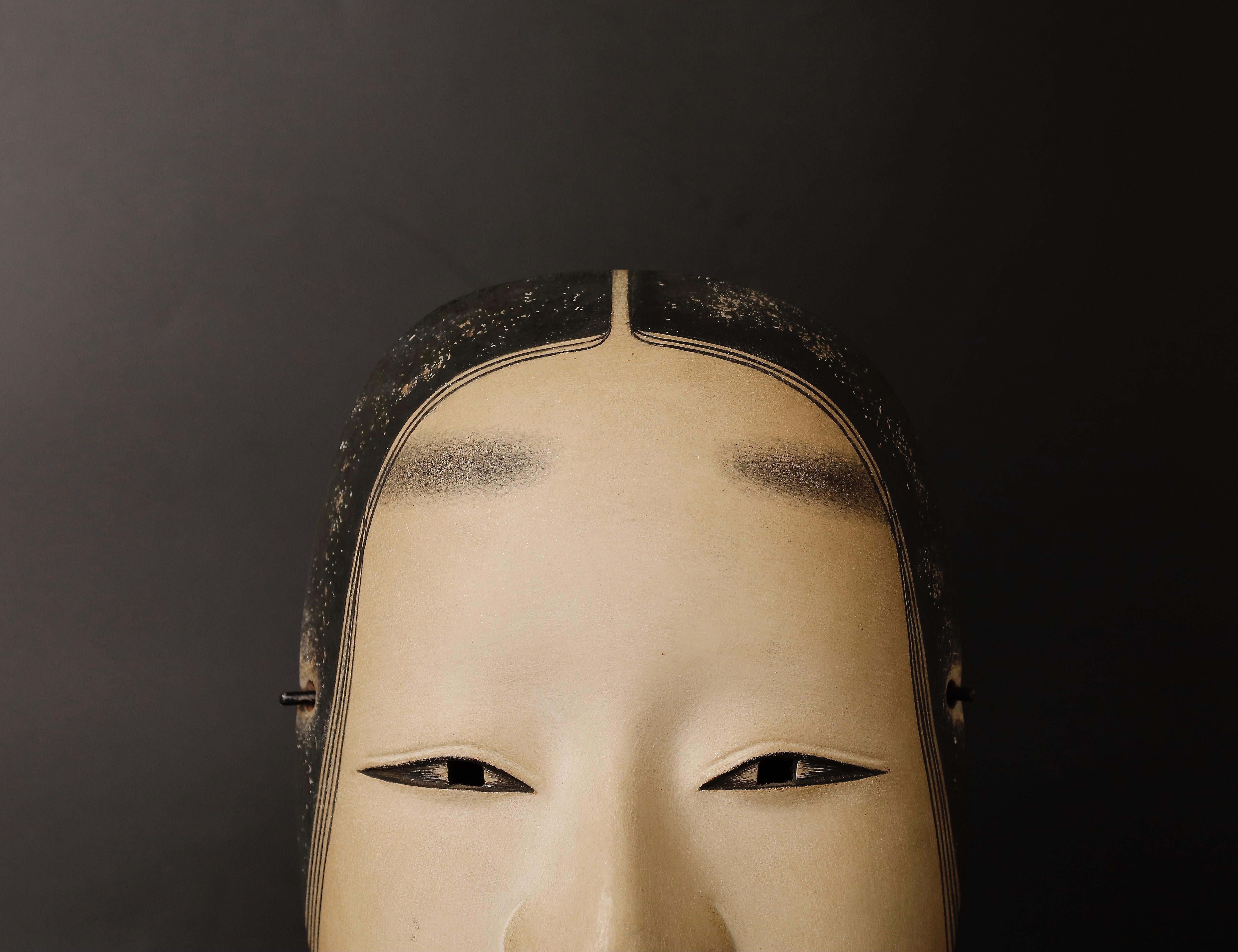 Hand-Carved Authentic Japanese Koomote Mask of a Young Woman, Signed and Exquisitely Crafte