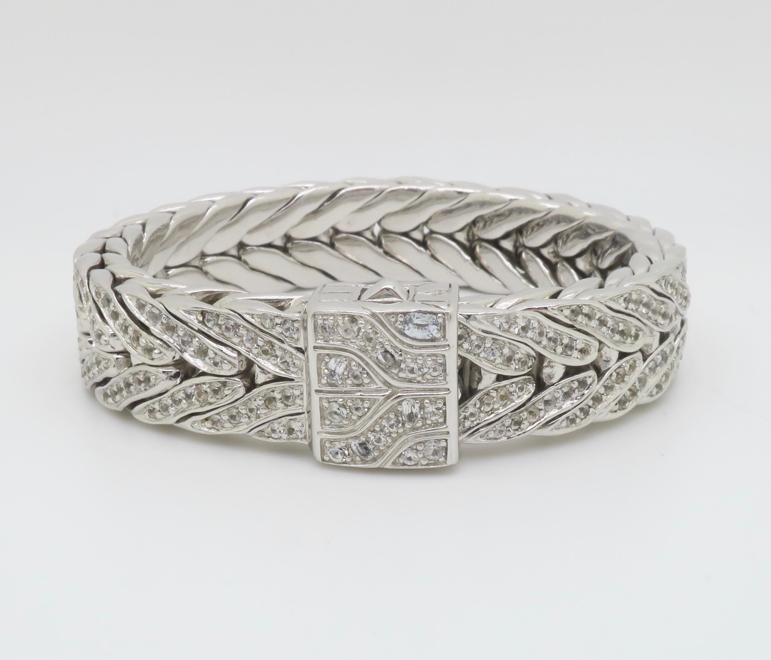 Authentic John Hardy Men's Lava White Sapphire Studded Rectangular Bracelet In Excellent Condition In Webster, NY