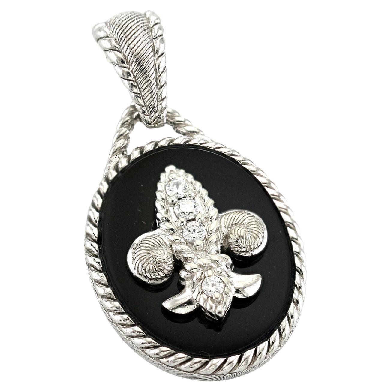 Authentic Judith Ripka 925 Sterling Silver Onyx CZ Fleur DE LIS Pendant