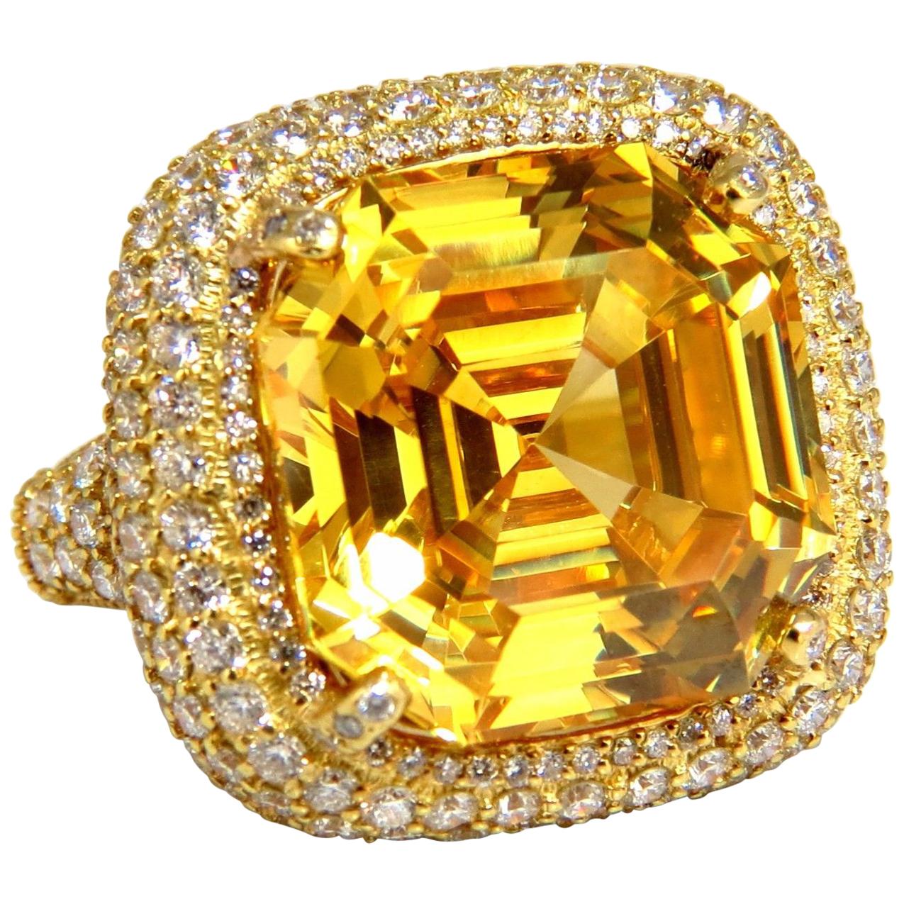 Authentic Judith Ripka Canary Yellow Quartz Diamonds Ring 18 Karat