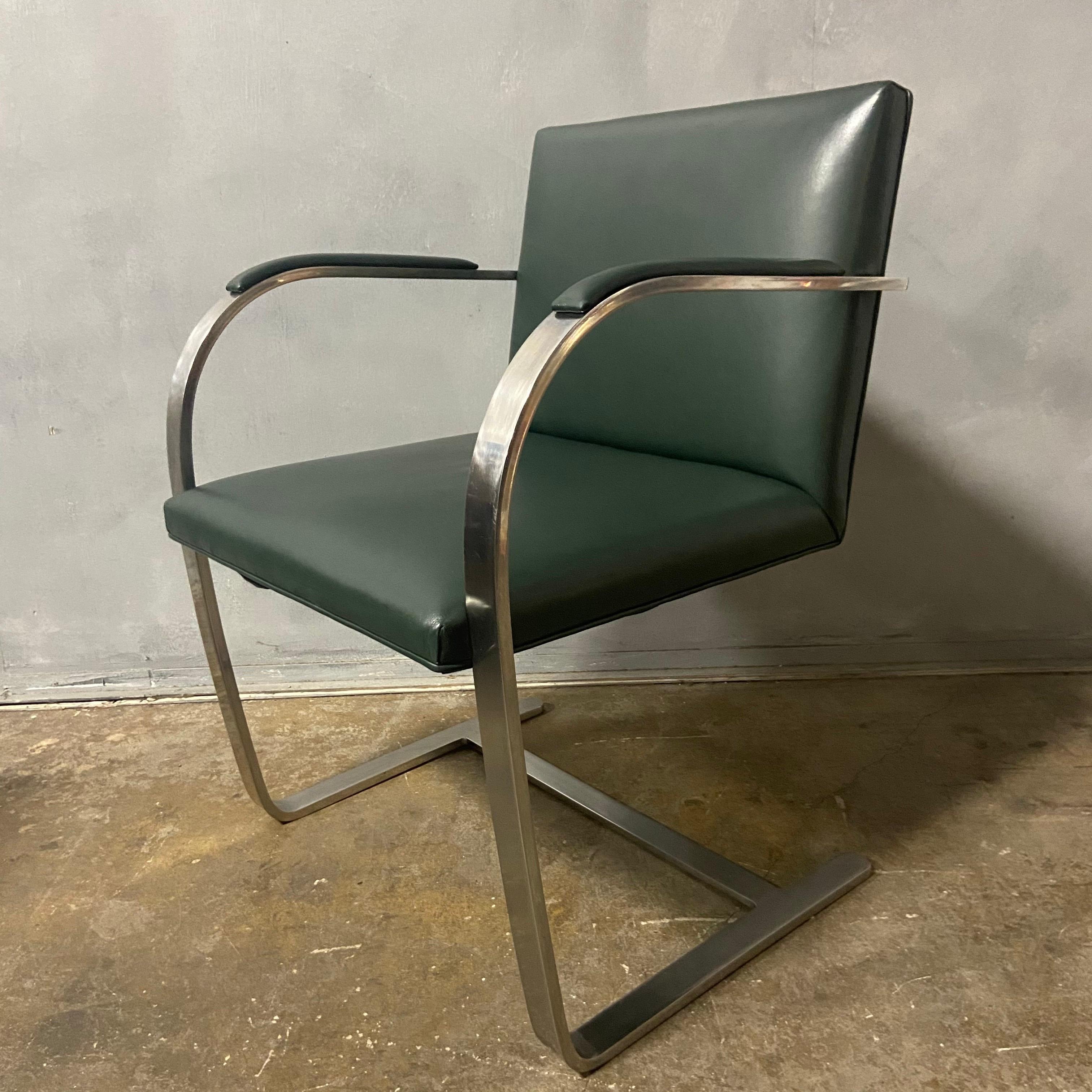 For your consideration are six vintage Knoll Brno chairs in hunter green leather. These are top quality vintage chairs with no rips to the leather showing very little wear and ready for use. Featuring top grade stainless steel frames with the