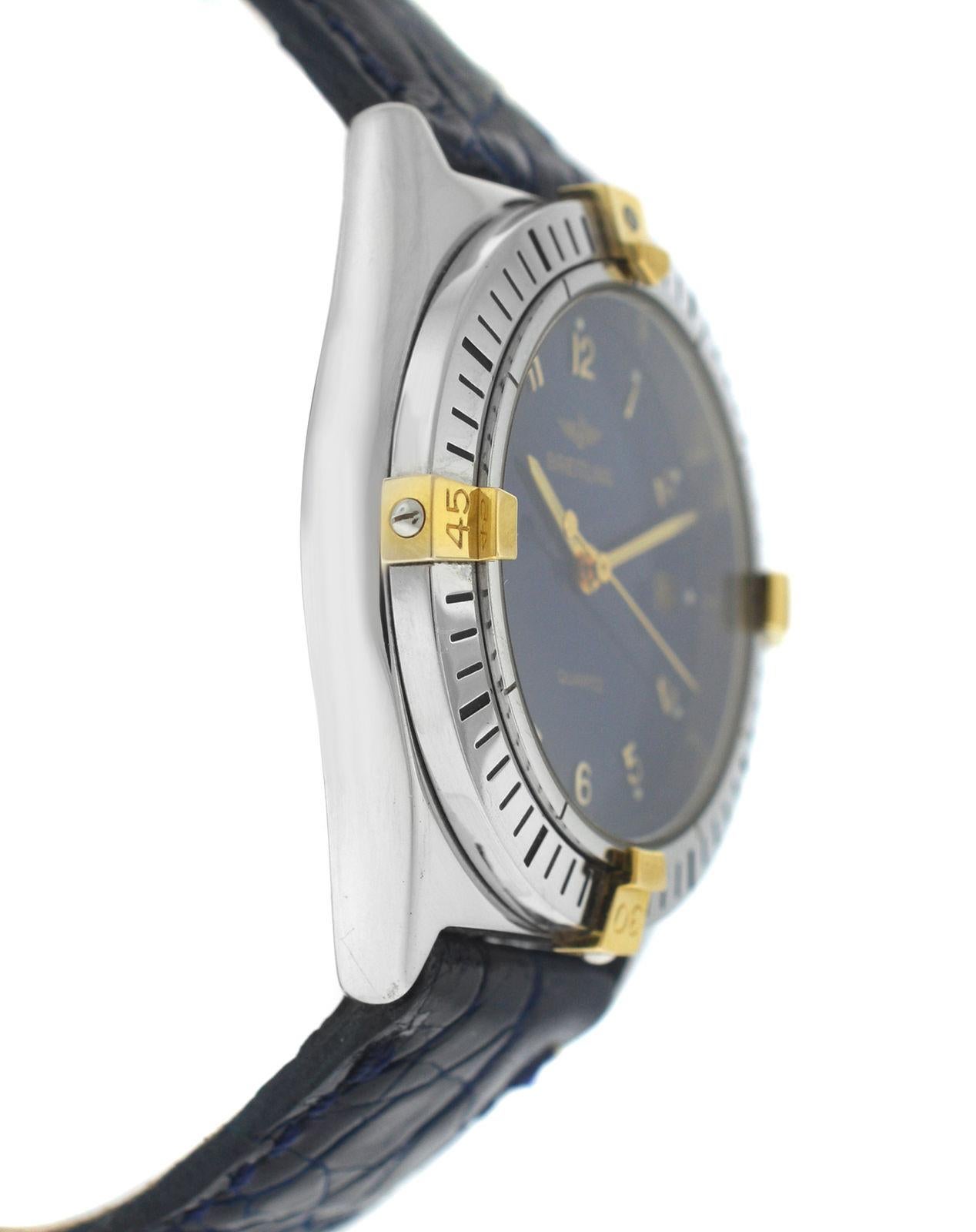 Brand	Breitling
Model	Callisto 80510 
Gender	Ladies
Condition	Pre-owned
Movement	Swiss Quartz 
Case Material	Stainless Steel & Gold Plated 
Bracelet / Strap Material	
Leather (aftermarket)

Clasp / Buckle Material	
Stainless Steel

Clasp