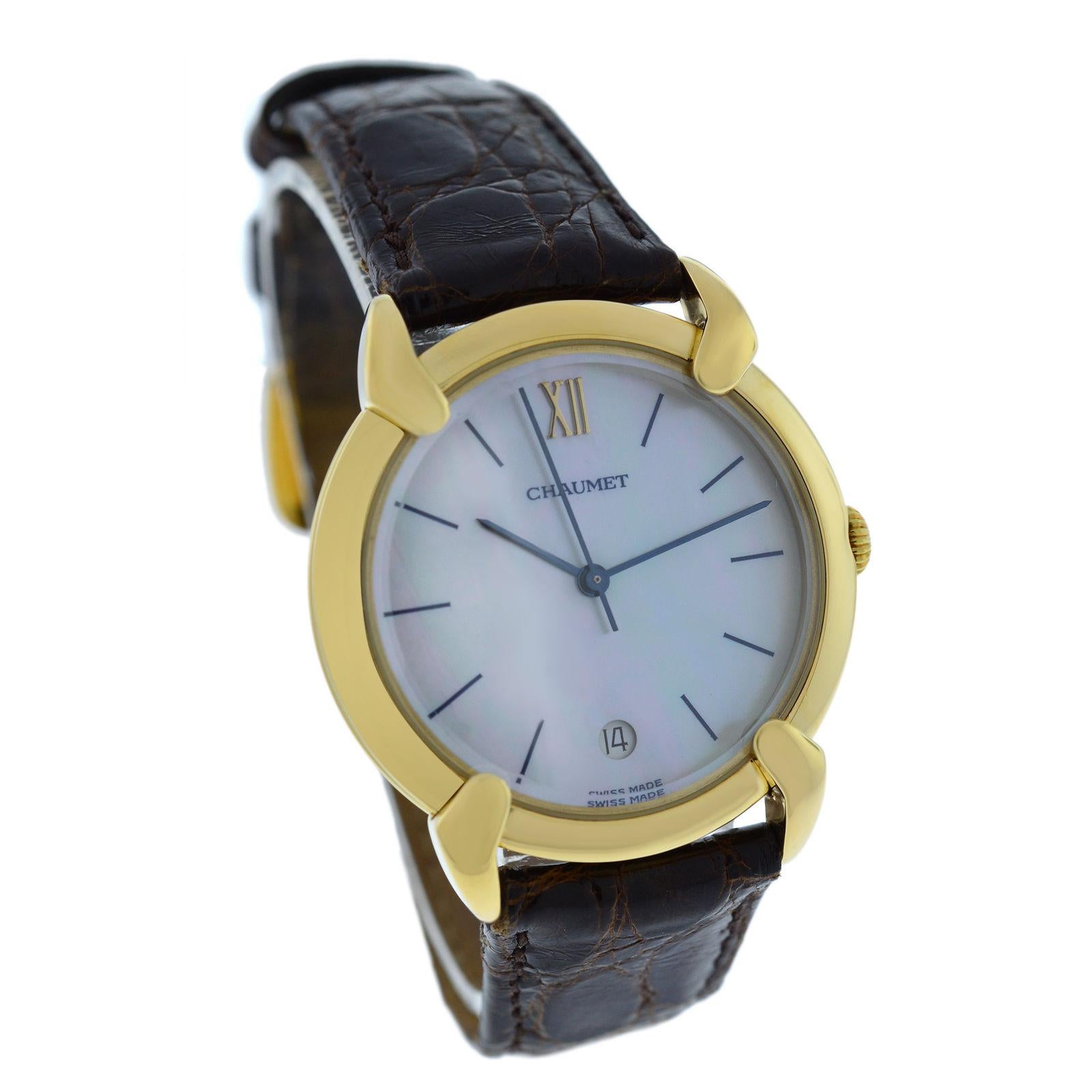 Brand	Chaumet
Model	
Gender	Ladies
Condition	Pre - Owned
Movement	Quartz
Case Material	18K Yellow Gold 
Bracelet / Strap Material	Leather
Clasp / Buckle Material	18K Yellow Gold Plaque
Clasp Type	Tang
Bracelet / Strap width	17 mm at lugs
Total