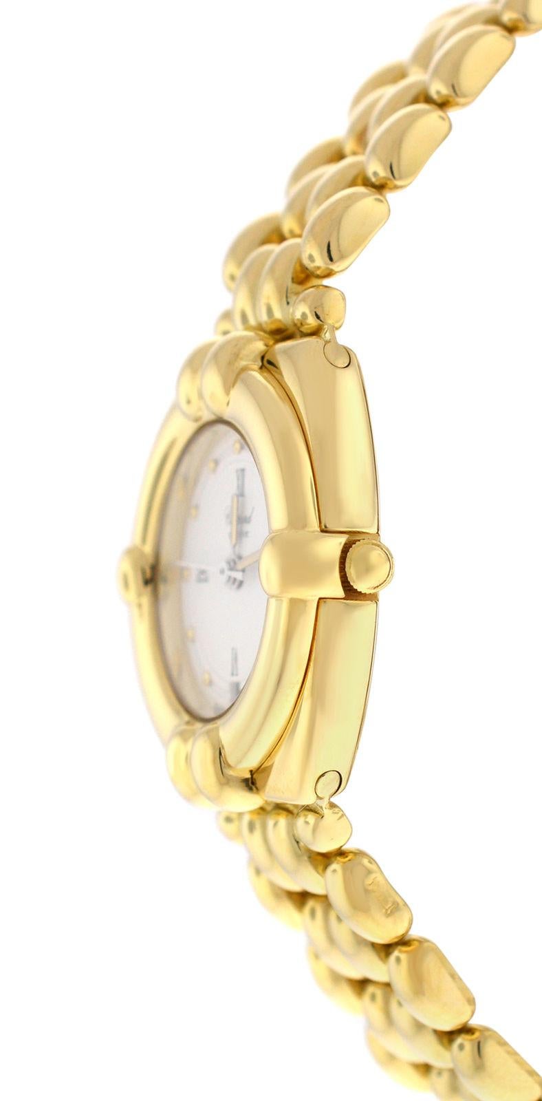 Brand	Chopard
Model	Gstaad 32/5120
Gender	Ladies
Condition	Pre-owned
Movement	Swiss Quartz
Case Material	18K Yellow Gold
Bracelet / Strap Material	
18K Yellow Gold

Clasp / Buckle Material	
18K White Gold 

Clasp Type	Butterfly Deployment
Bracelet /