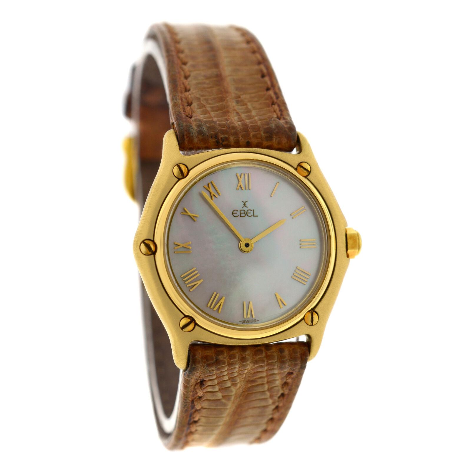 Brand	Ebel
Model	Classic
Gender	Ladies
Condition	Pre-Owned
Movement	Swiss Quartz
Case Material	18K Yellow Gold
Bracelet / Strap Material	Leather
Clasp / Buckle Material	18K Gold plated
Clasp Type	Tang
Bracelet / Strap width	15 mm at lugs
Total