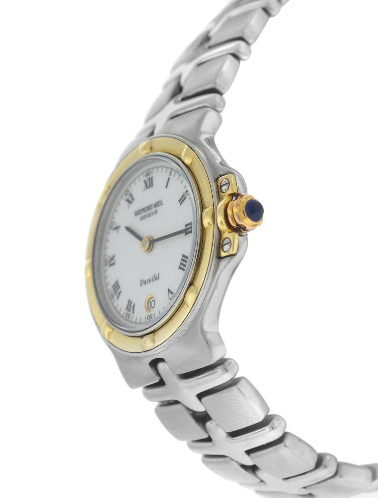 Brand	Raymond Weil
Model	Parsifal 9988
Gender	Ladies
Condition	Pre-owned
Movement	Swiss Quartz
Case Material	Stainless Steel  & 18K Yellow Gold
Bracelet / Strap Material	
Stainless Steel 

Clasp / Buckle Material	
Stainless Steel 

Clasp
