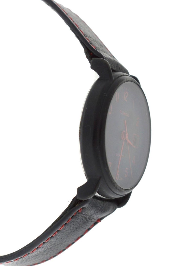 Authentic Ladies Tourneau Black PVD Quartz Date Red Numerals Watch For Sale at 1stDibs