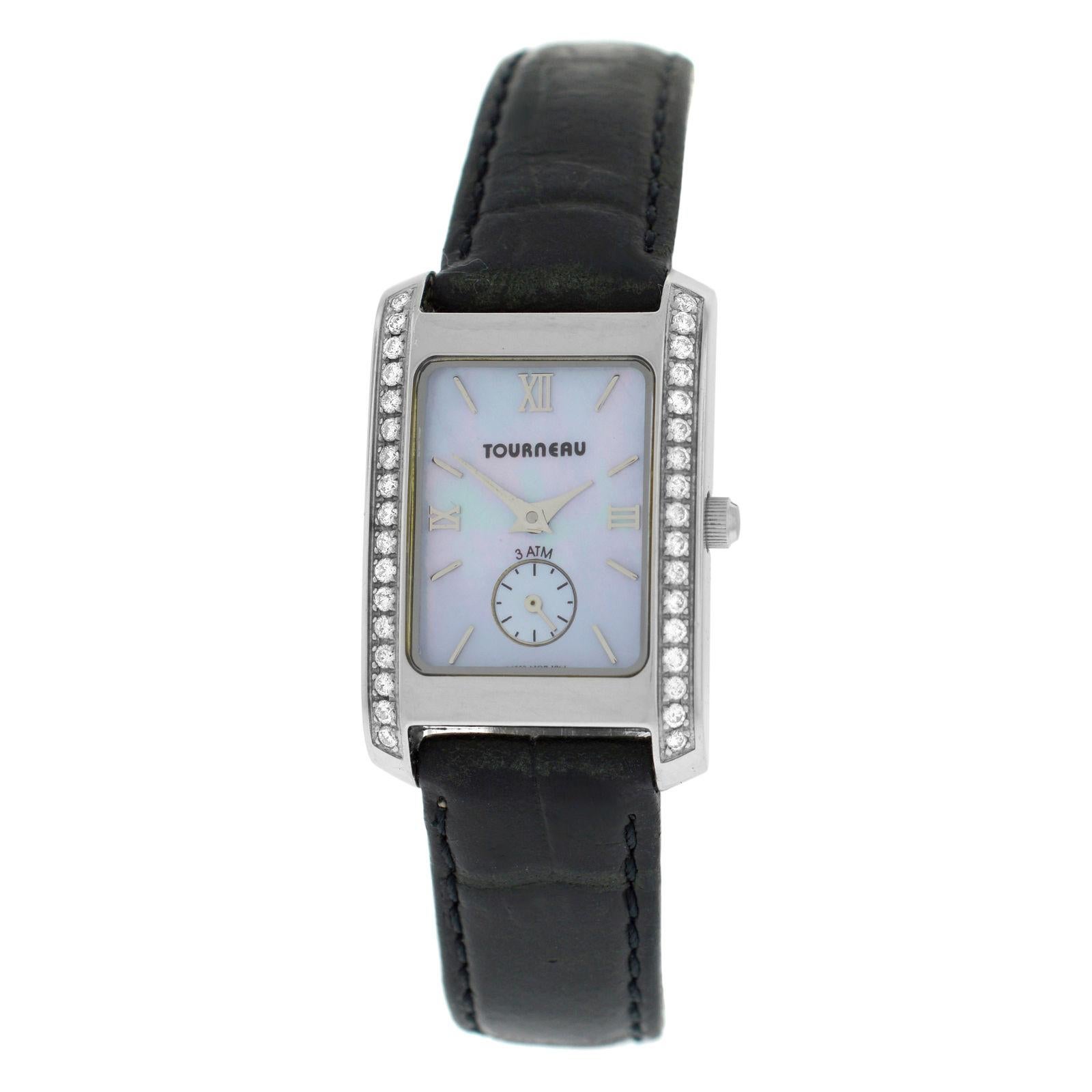 Authentic Ladies Tourneau Diamond Mother-of-Pearl Steel Quartz Watch For Sale