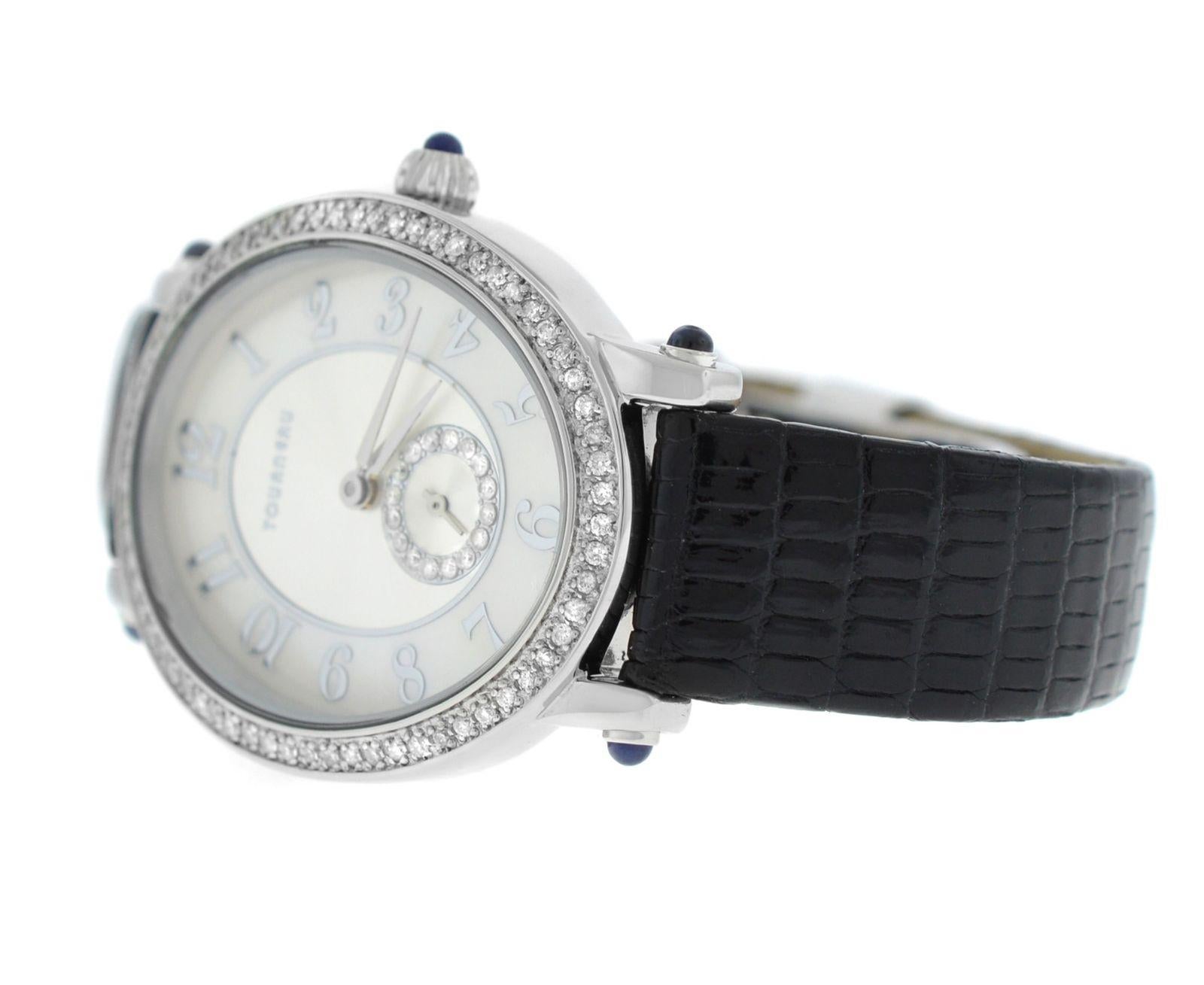 Authentic Ladies Tourneau Quartz Diamond Steel Mother of Pearl Watch For Sale 2
