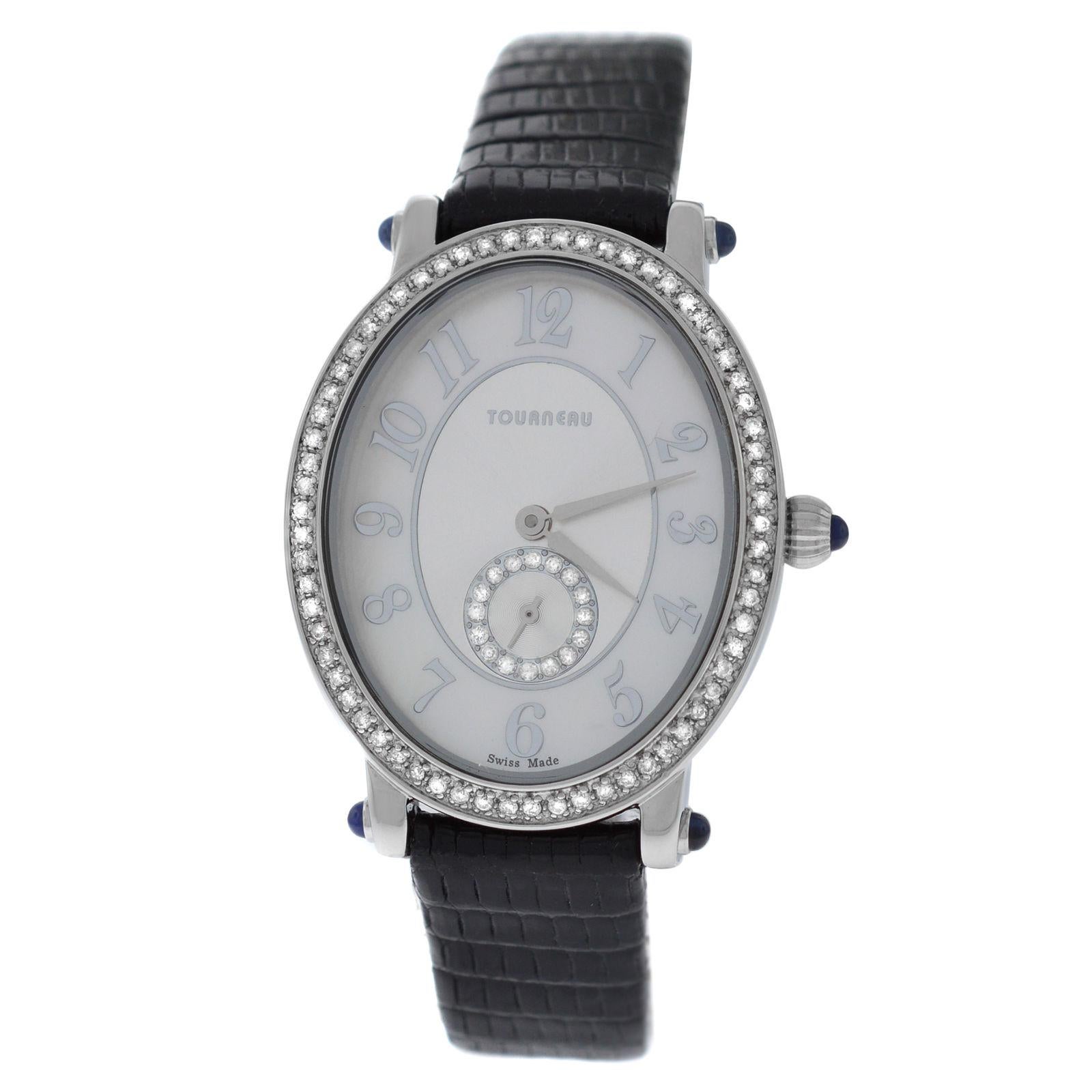 Authentic Ladies Tourneau Quartz Diamond Steel Mother of Pearl Watch For Sale