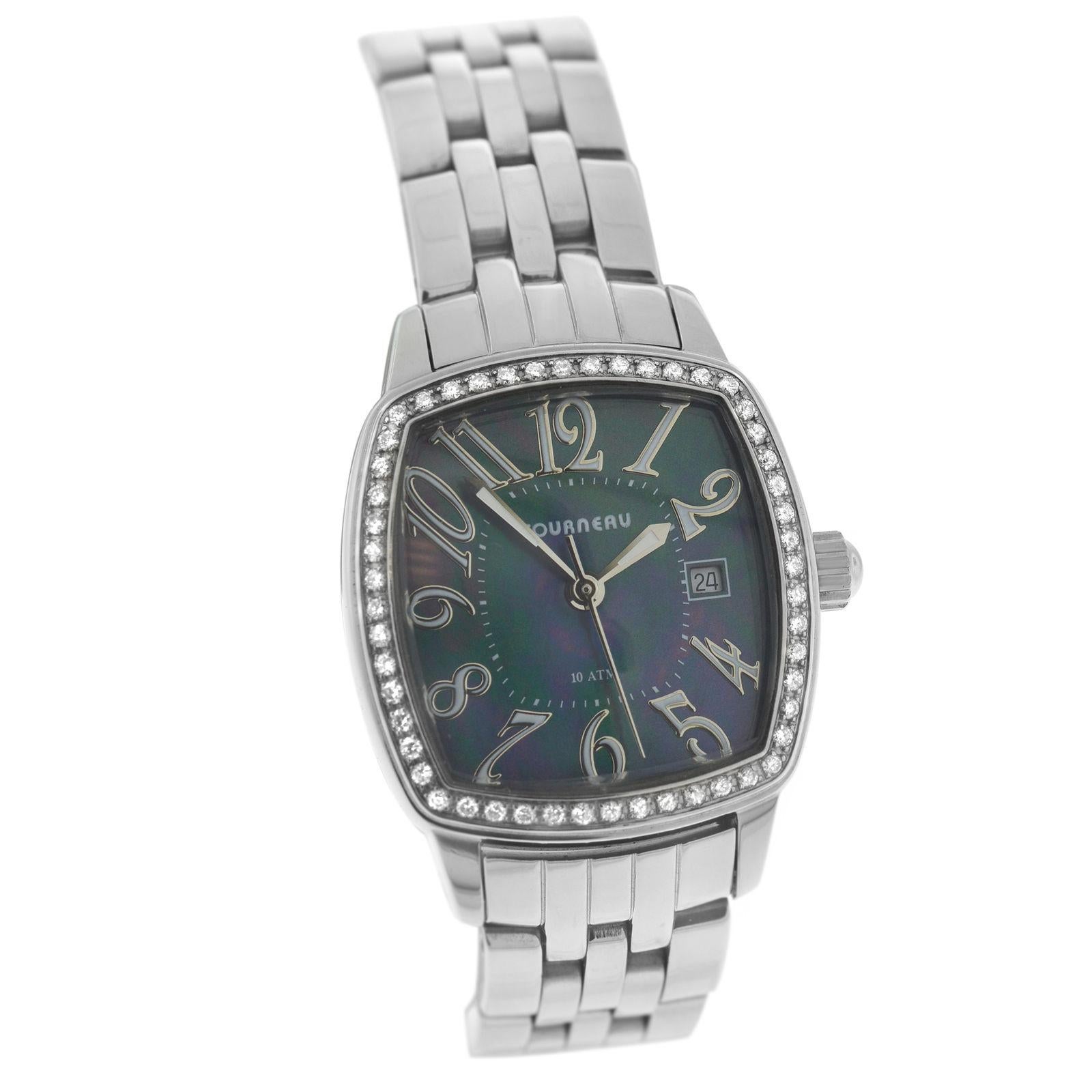 Brand	Tourneau
Model	775
Gender	Ladies
Condition	Pre-owned
Movement	Swiss Quartz
Case Material	Stainless Steel 
Bracelet / Strap Material	
Stainless Steel

Clasp / Buckle Material	
Stainless Steel 

Clasp Type	Butterfly Deployment
Bracelet / Strap