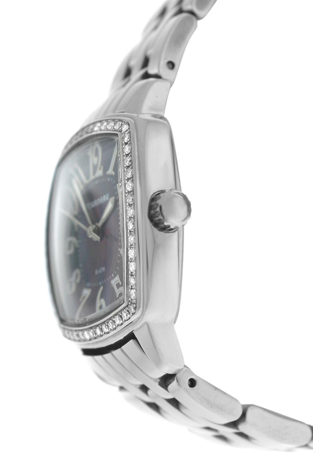 Modern Authentic Ladies Tourneau Quartz Steel Mother of Pearl Diamonds Watch For Sale