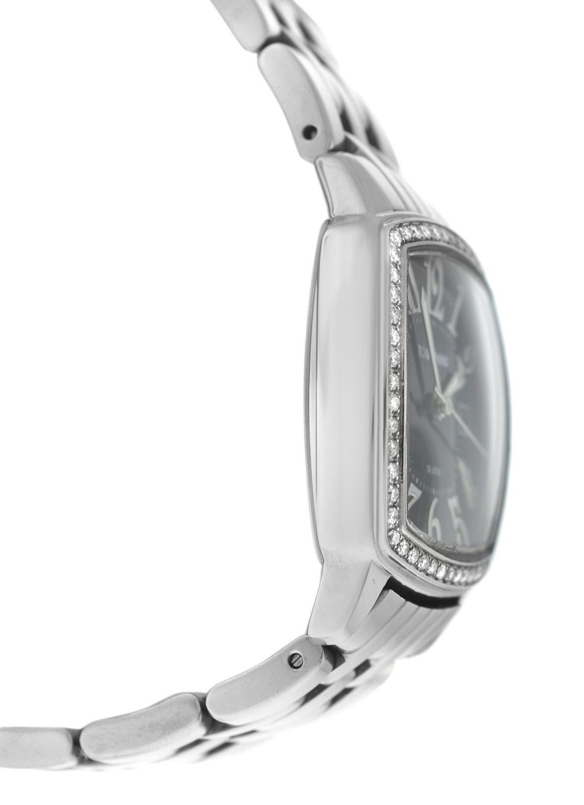 Authentic Ladies Tourneau Quartz Steel Mother of Pearl Diamonds Watch In Excellent Condition For Sale In New York, NY