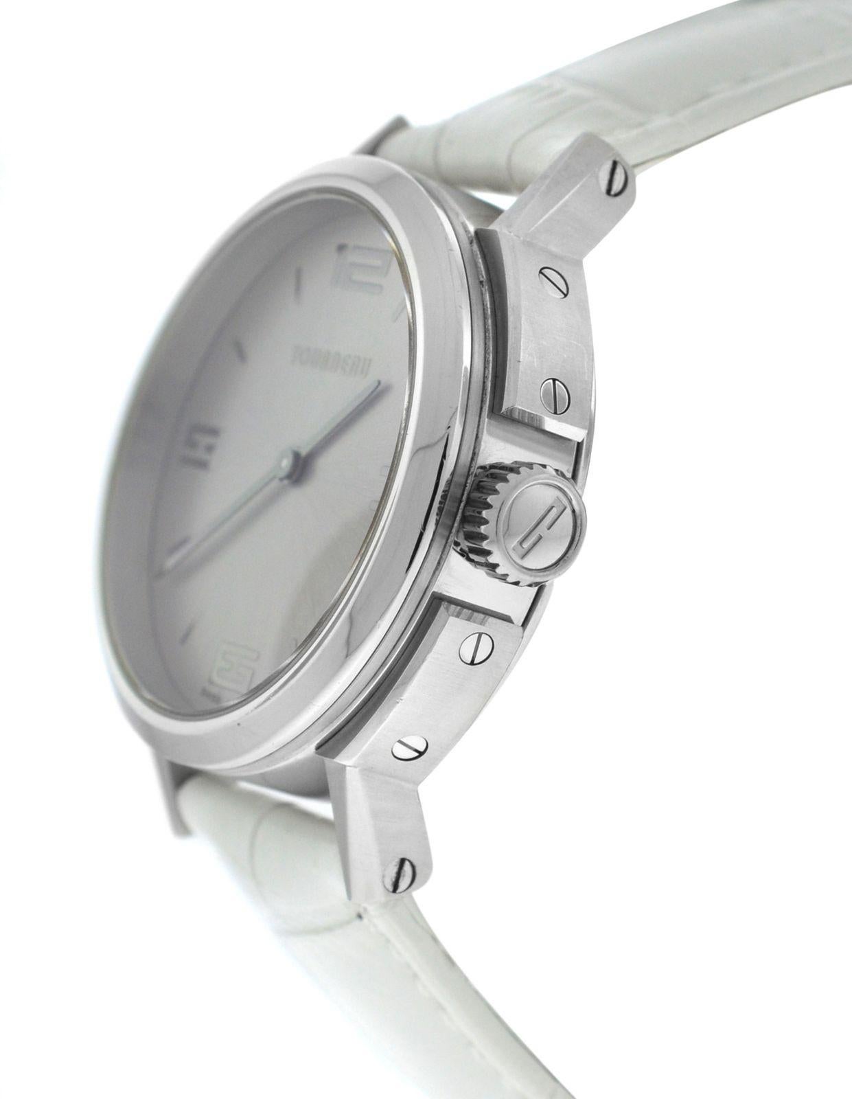 Brand	Tourneau
Model	TNY350701
Gender	Ladies
Condition	Pre-owned
Movement	Swiss Quartz
Case Material	Stainless Steel
Bracelet / Strap Material	
New Genuine Leather (aftermarket)

Clasp / Buckle Material	
Stainless Steel (aftermarket)

Clasp