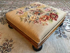 Authentic Late 19th Century Tabouret Foot Stool Flower Tapestry Round Legs