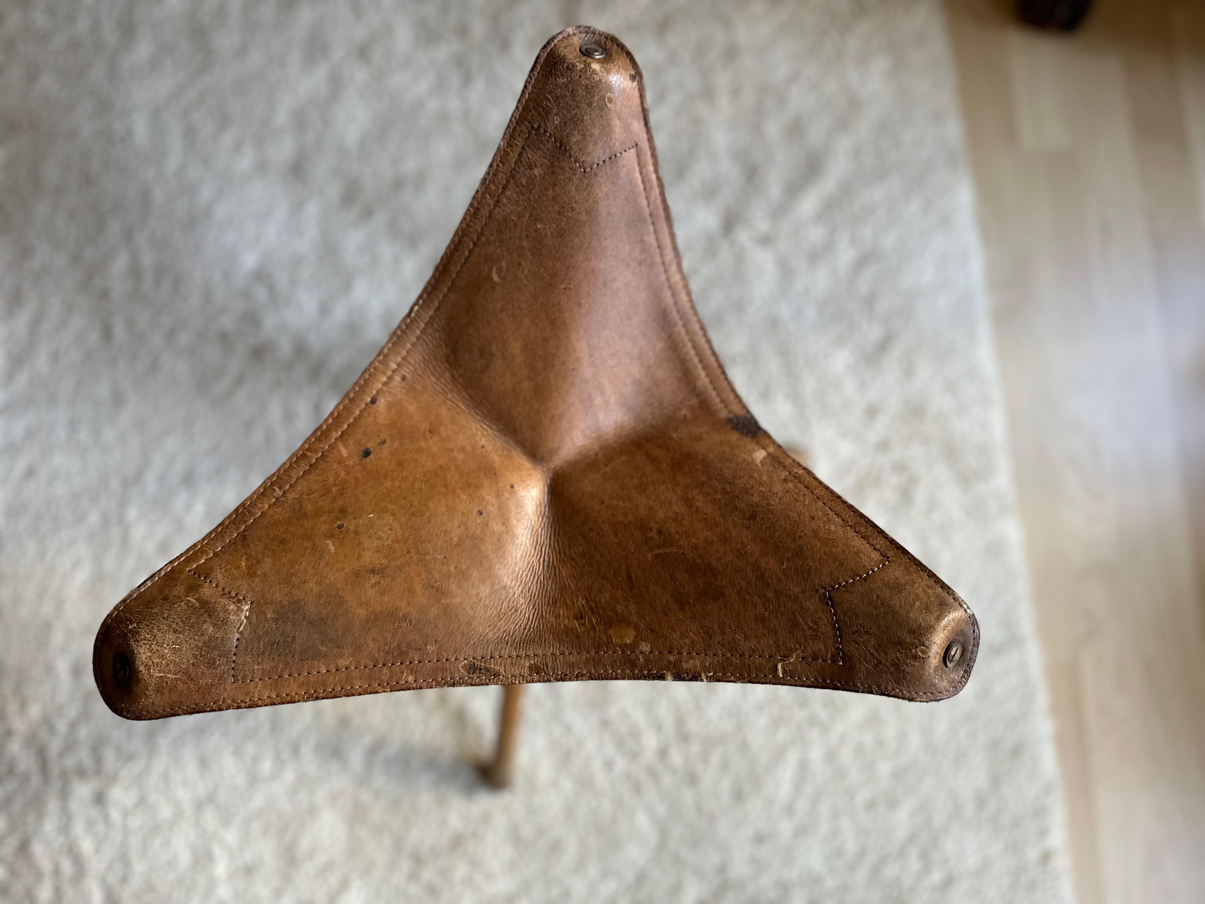 20th Century Authentic Leather Tripod Stool from the 1920s: Timeless Style and Functionality For Sale