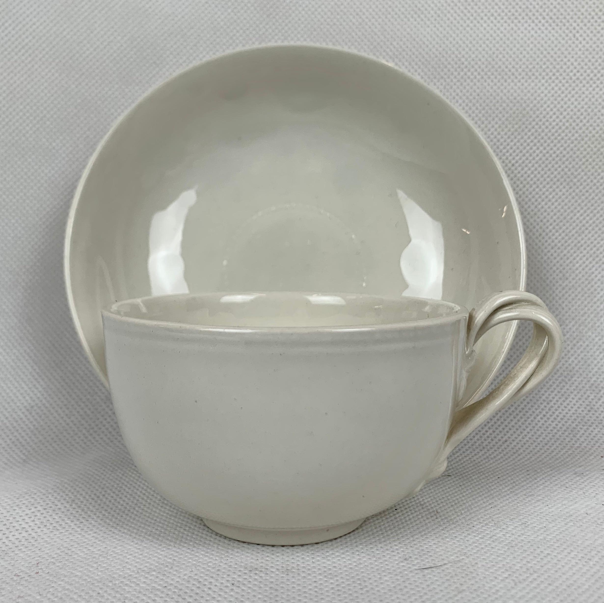 English Authentic Leedsware Cups and Saucers with Double Strap Handles-Set of Six 