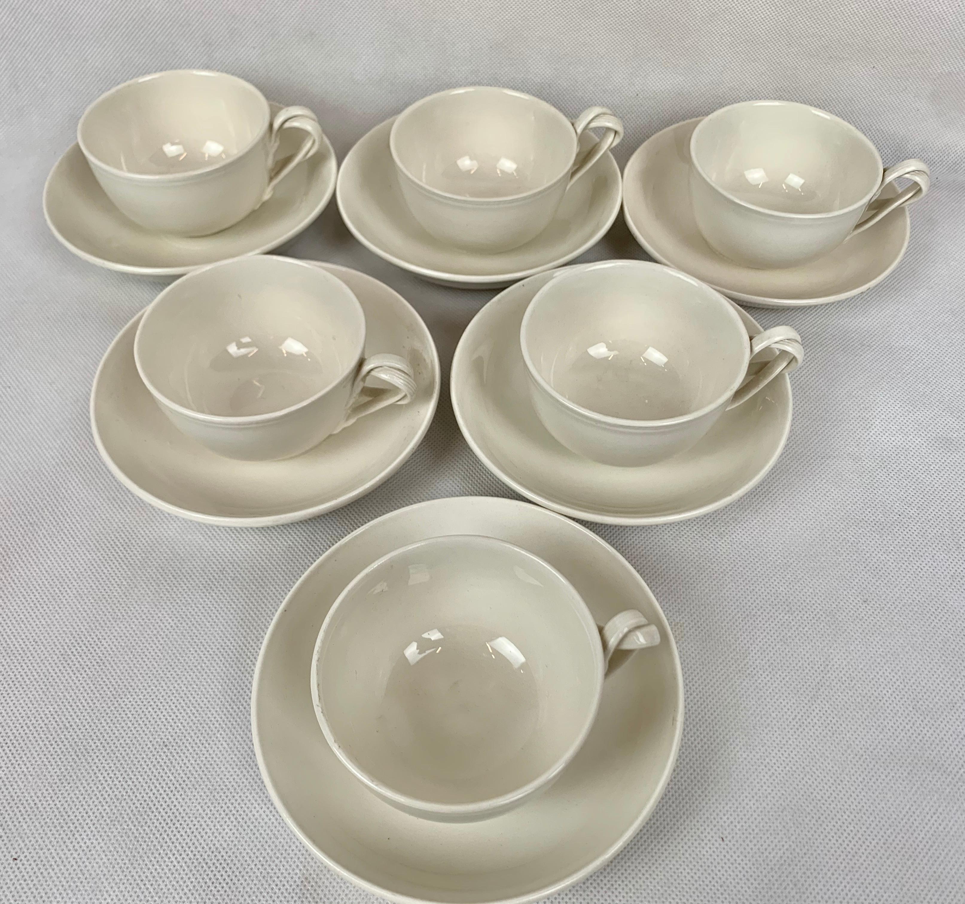Hand-Crafted Authentic Leedsware Cups and Saucers with Double Strap Handles-Set of Six 