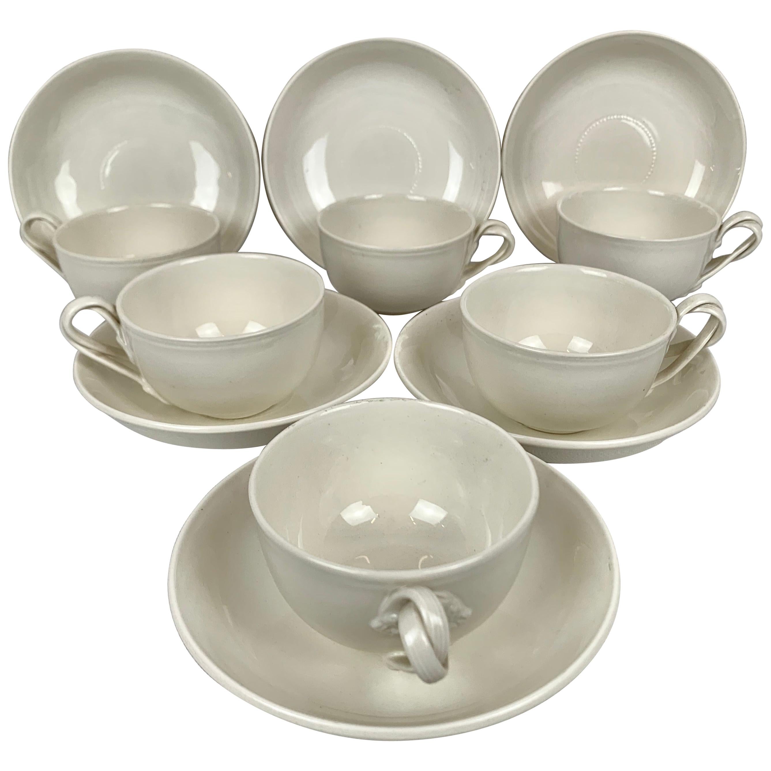 Authentic Leedsware Cups and Saucers with Double Strap Handles-Set of Six 