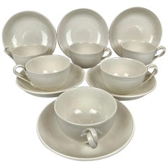 Vintage Authentic Leedsware Cups and Saucers with Double Strap Handles-Set of Six 