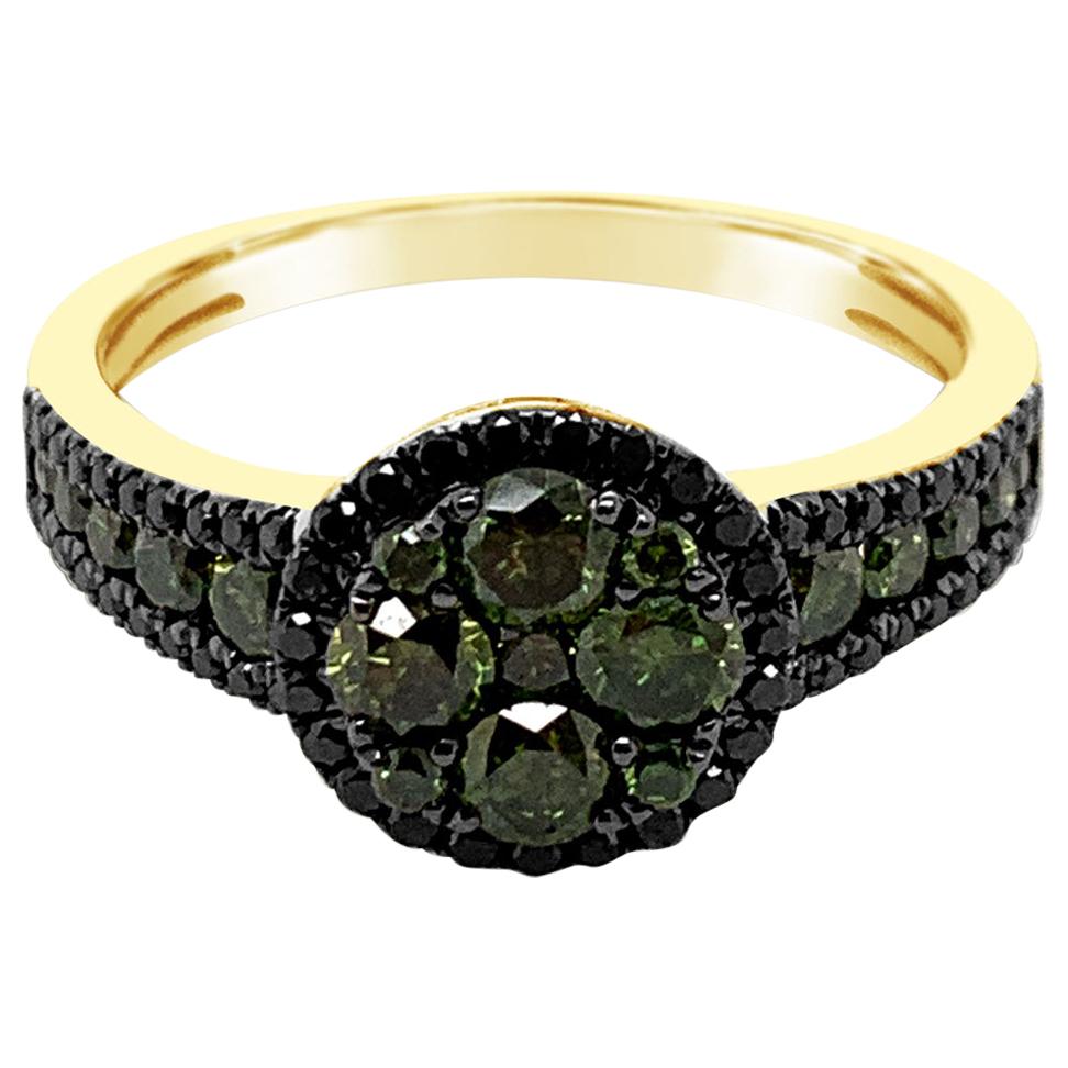 Authentic Levian 14k Yellow Gold Green & Black Diamond Channel Cluster Halo Ring