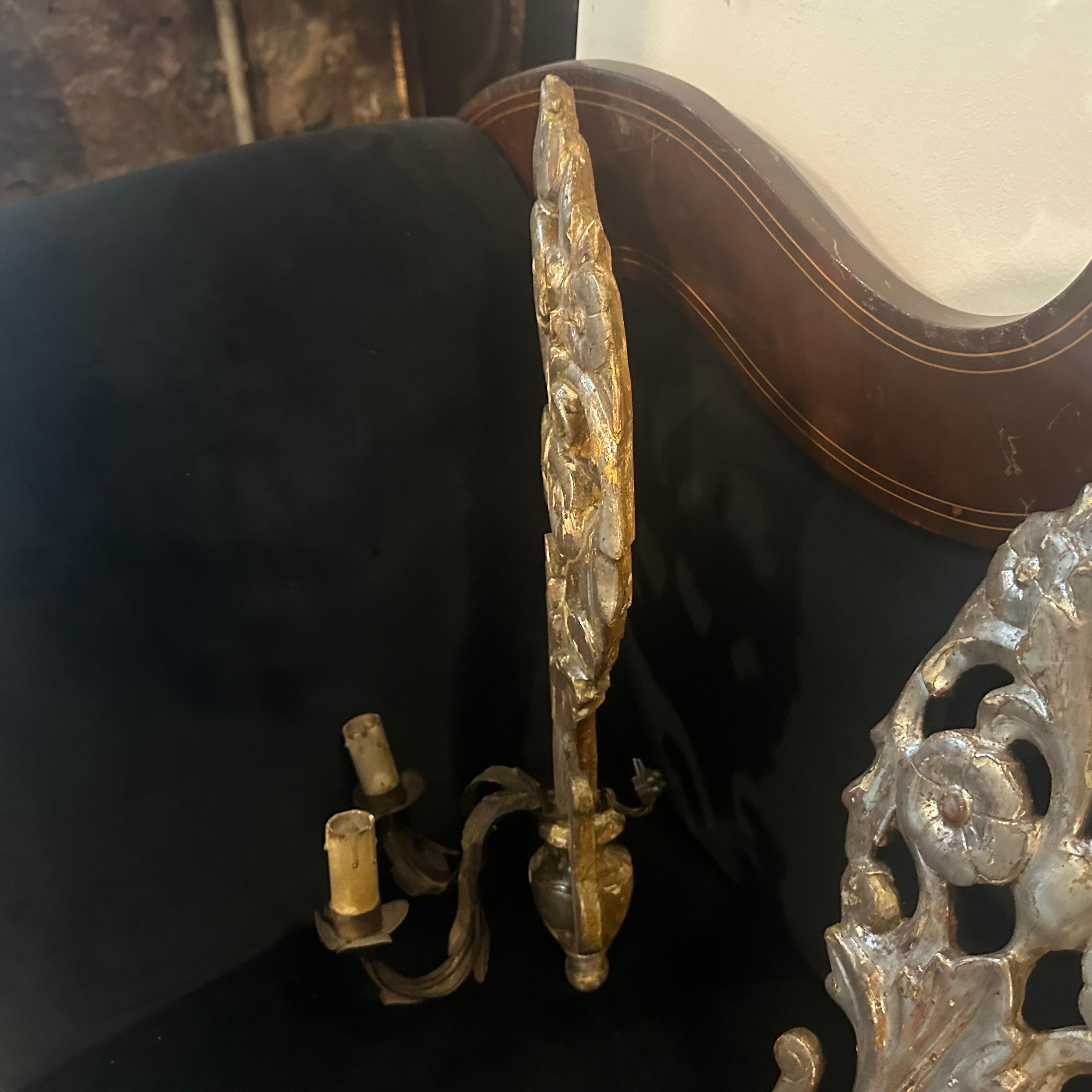 Auténticos candelabros de pared Luis XVI de madera de tilo plateada de Sicilia y hierro en venta 11