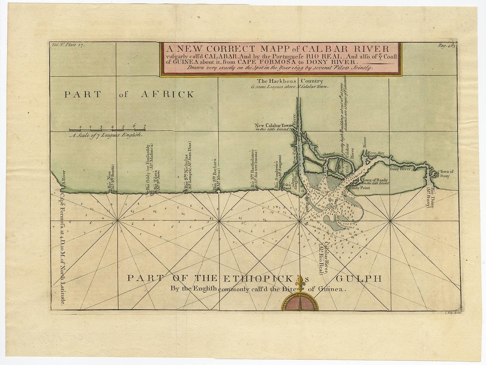 Antique map titled 'The New Correct Mapp of Calbar River vulgarly call'd Calabar (..)'. 

An interesting map of the coast from Cape Formosa to the Dony River stated on the map to be 