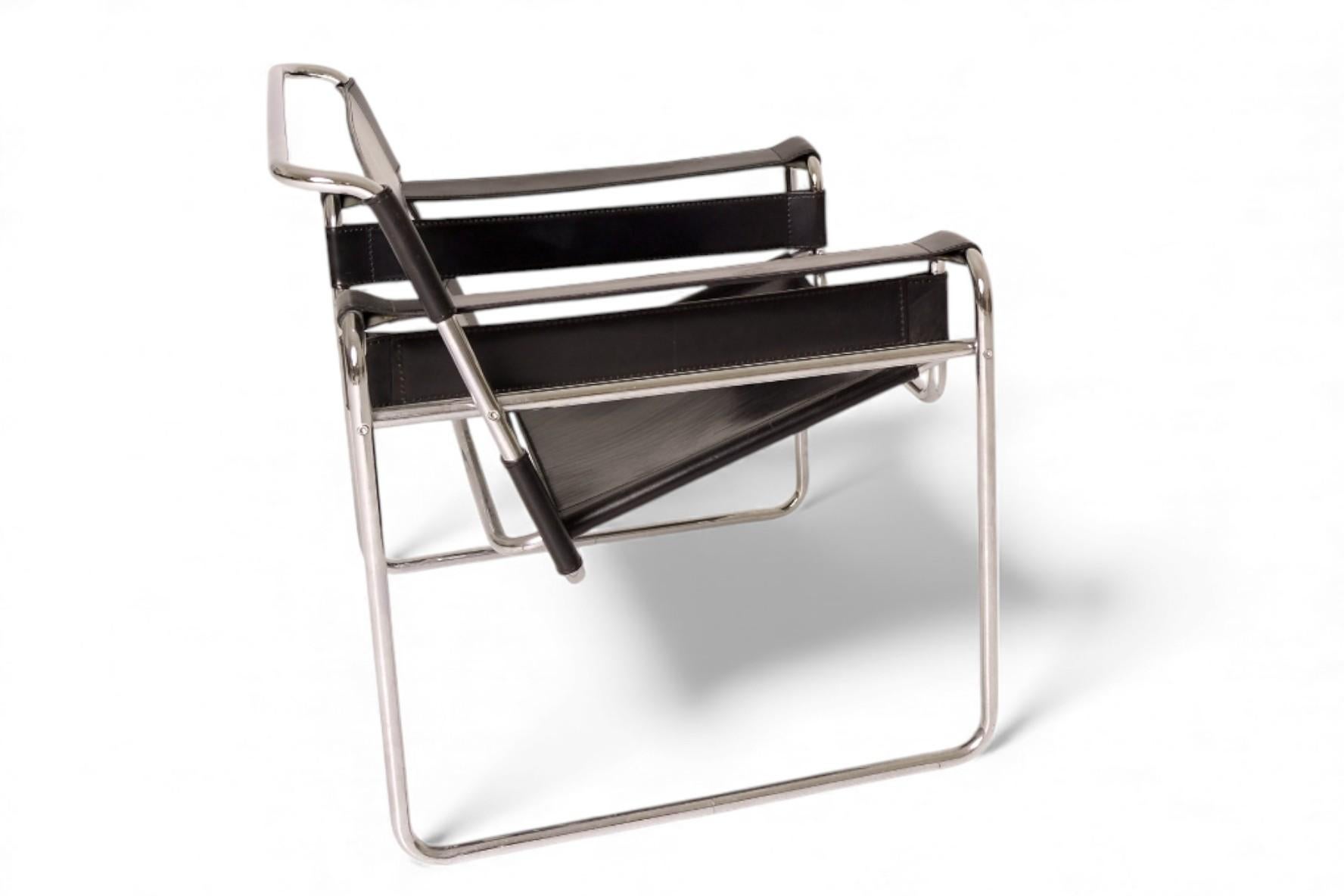 Sedia autentica Marcel Breuer Wassily di Fasem, in pelle nera e cromo in vendita 2