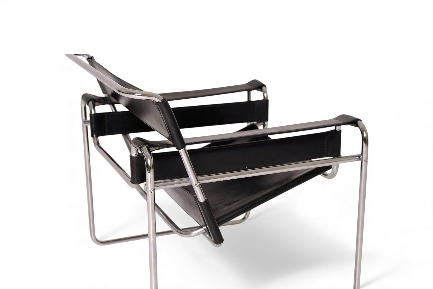 Sedia autentica Marcel Breuer Wassily di Fasem, in pelle nera e cromo in vendita 3