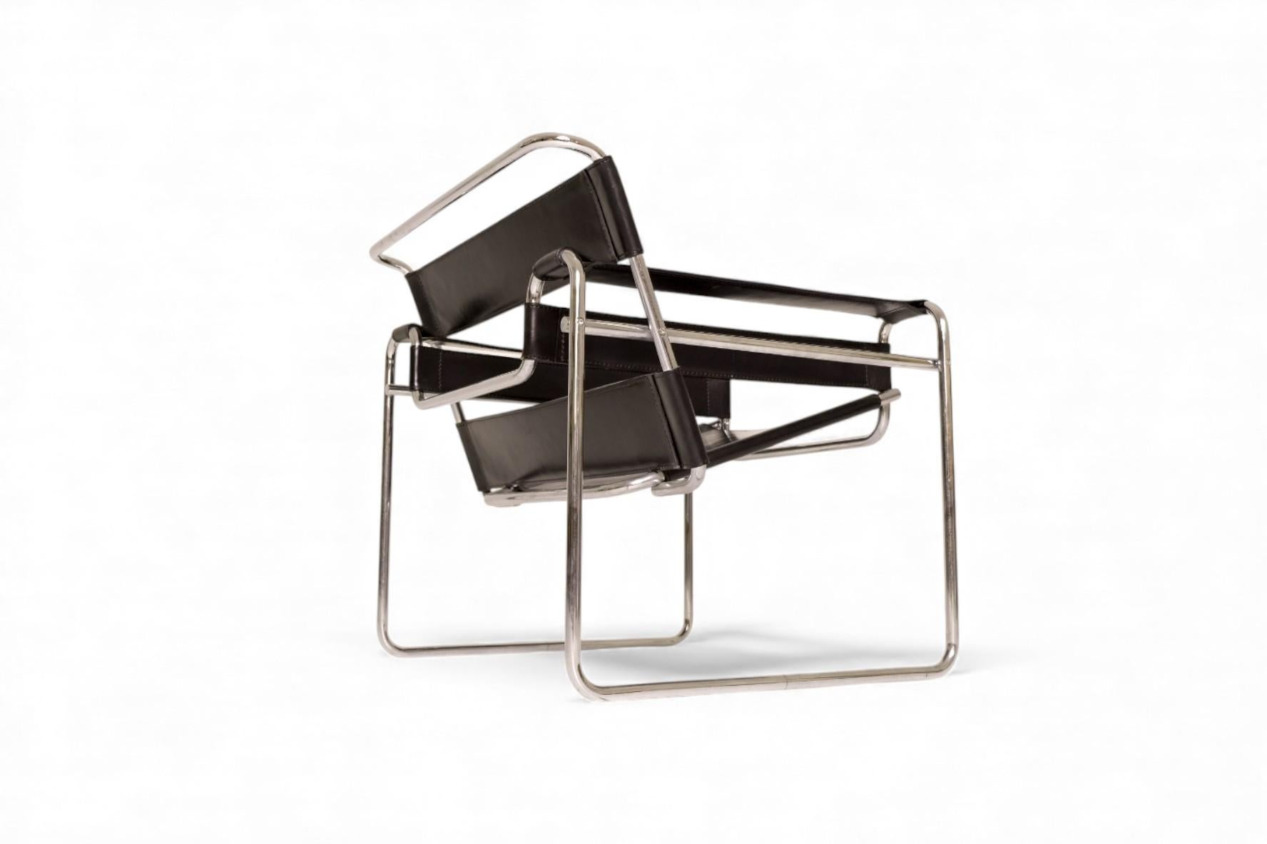 Sedia autentica Marcel Breuer Wassily di Fasem, in pelle nera e cromo in vendita 4