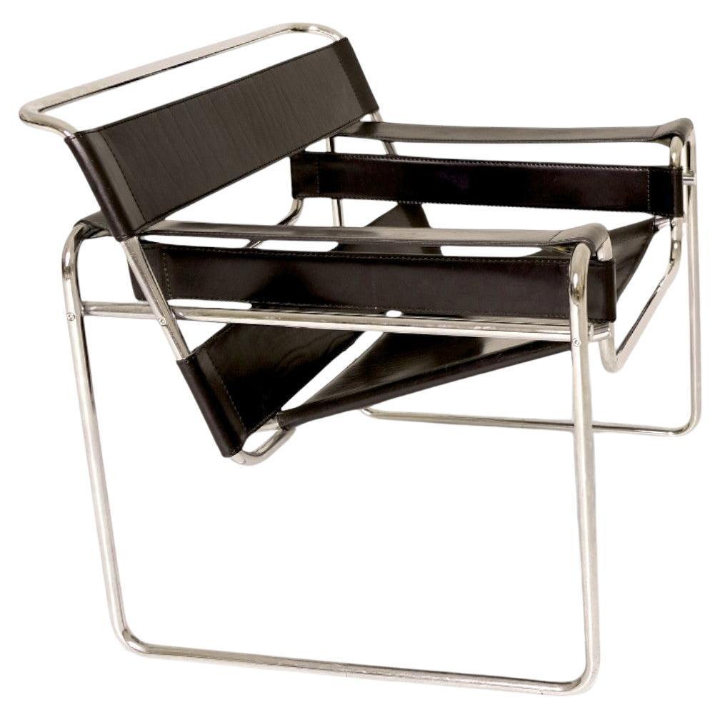 Sedia autentica Marcel Breuer Wassily di Fasem, in pelle nera e cromo