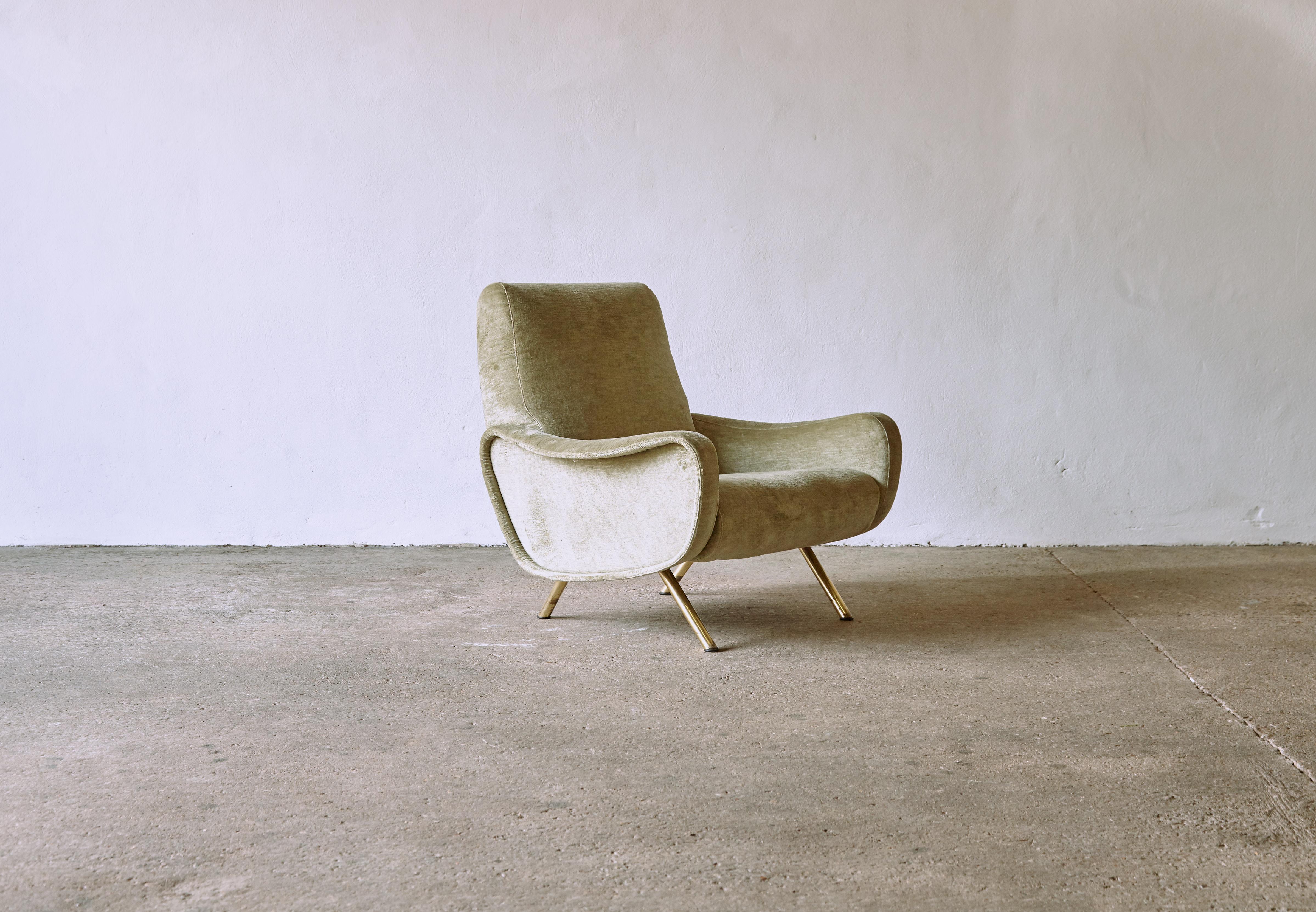 An original and authentic Marco Zanuso lady chair, Arflex, Italy, 1950s. Newly upholstered in a muted sage green Larsen / Cowtan and Tout velvet fabric. Fast shipping worldwide - please contact us with your location for a competitive