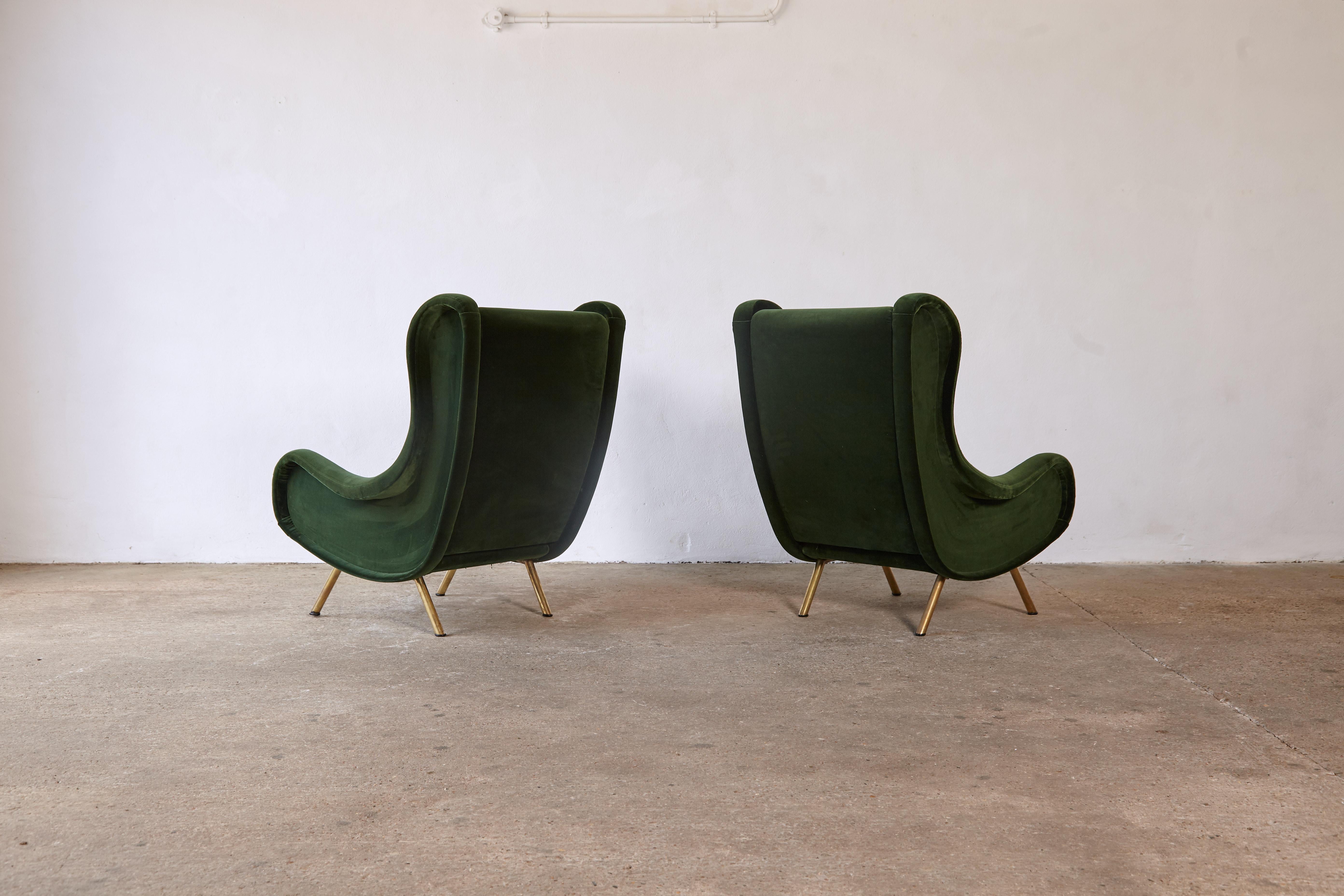 Mid-Century Modern Authentic Marco Zanuso Senior Chairs, Green Velvet, Arflex, Italy, 1960s