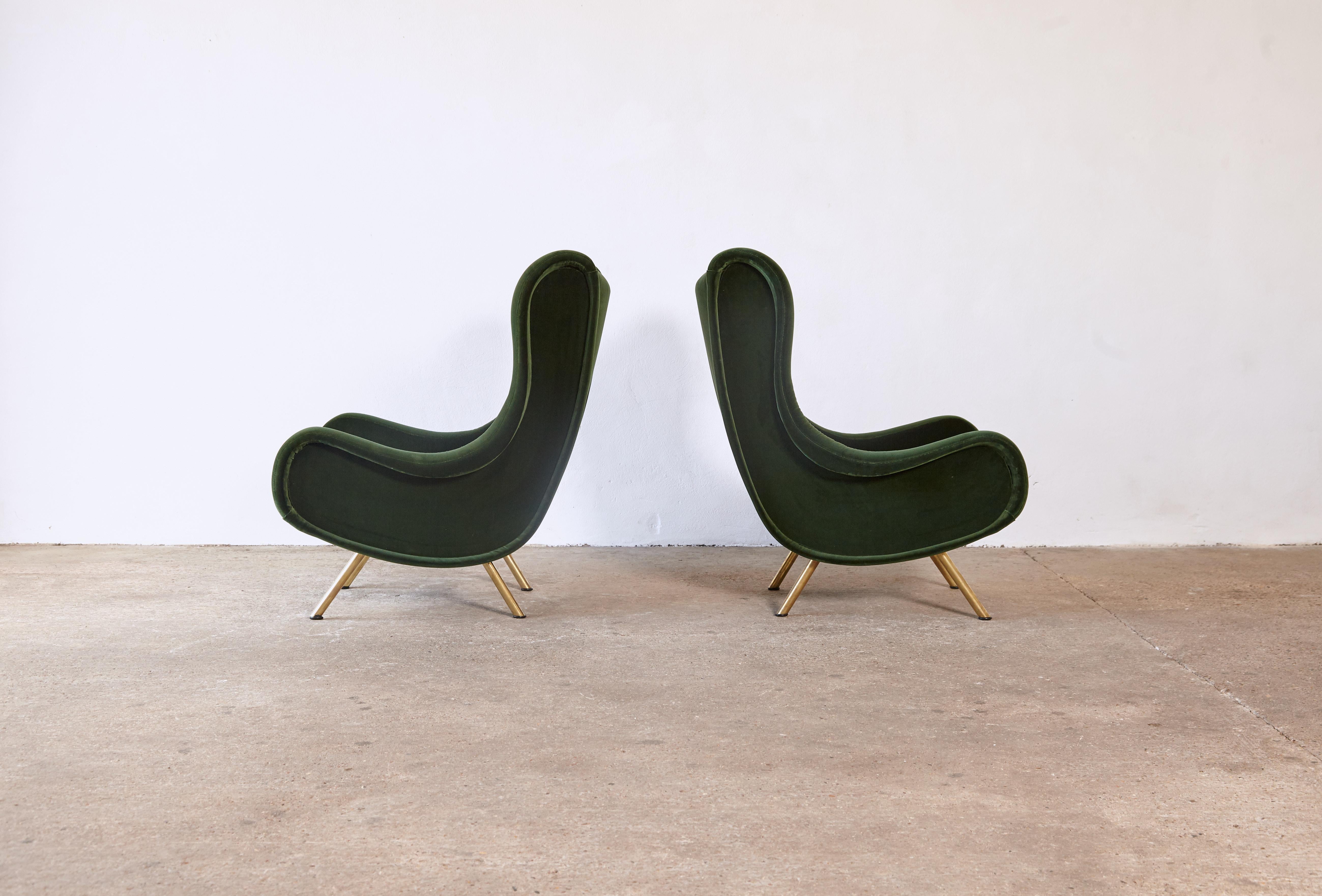 Italian Authentic Marco Zanuso Senior Chairs, Green Velvet, Arflex, Italy, 1960s