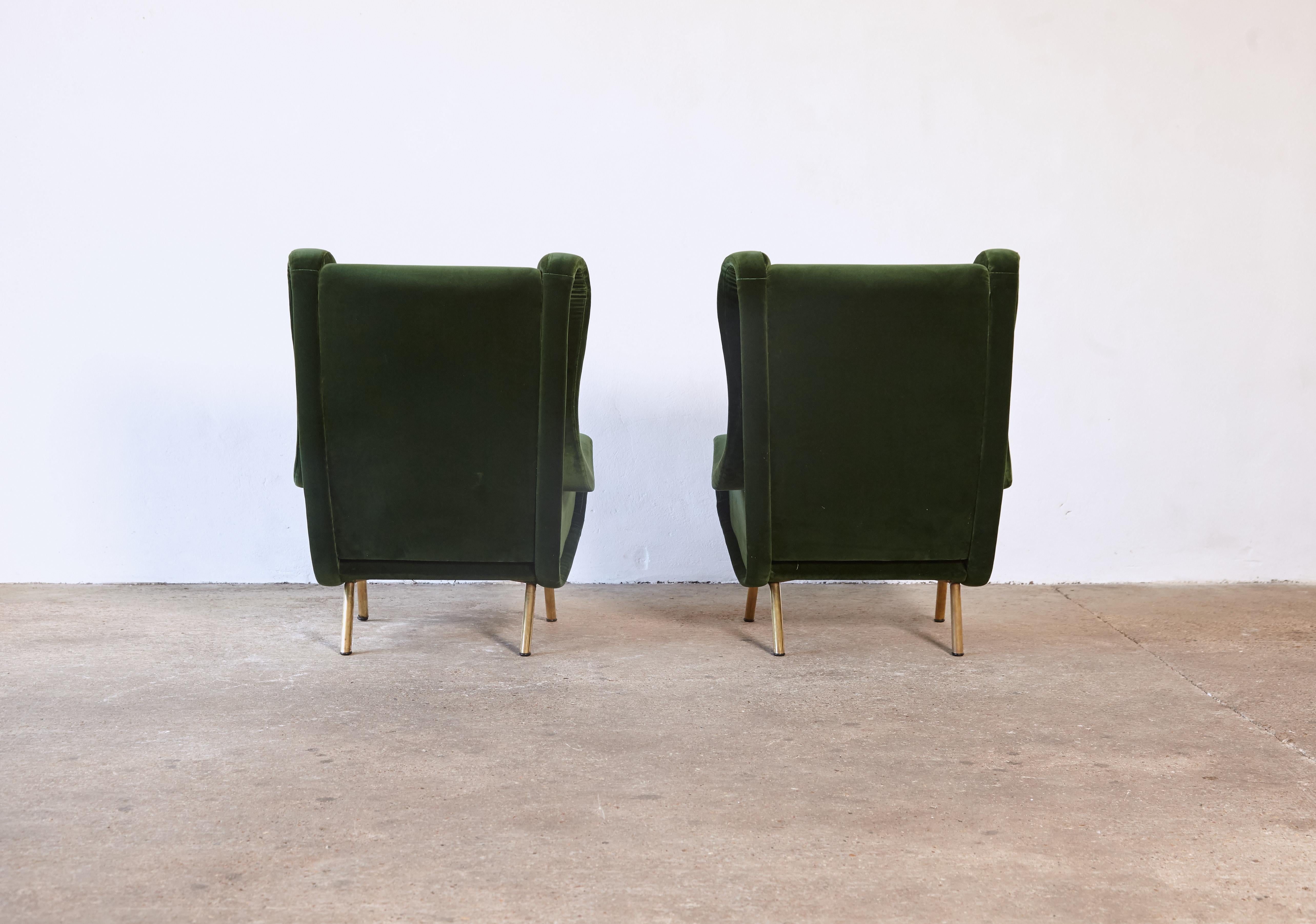 20th Century Authentic Marco Zanuso Senior Chairs, Green Velvet, Arflex, Italy, 1960s