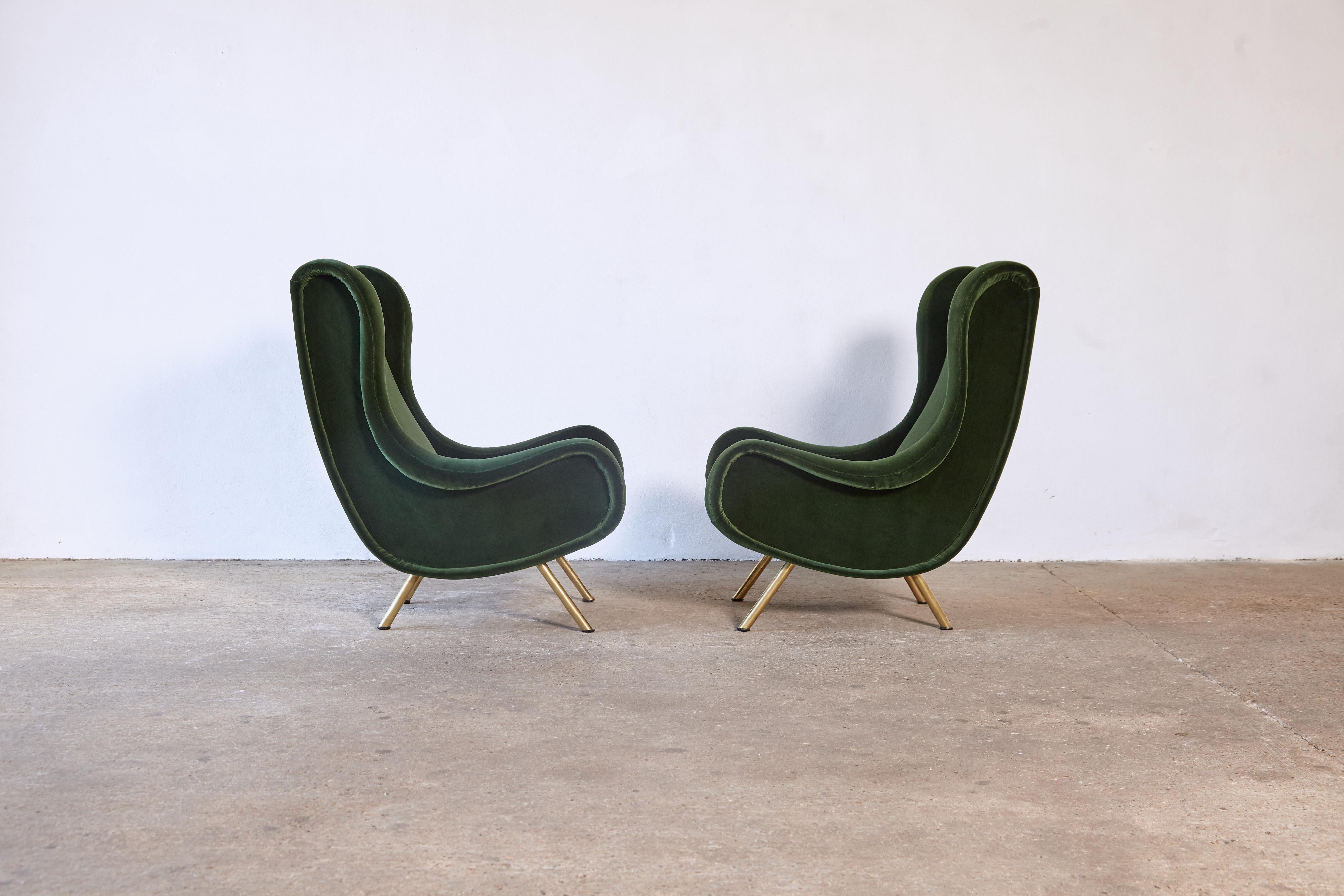 Fabric Authentic Marco Zanuso Senior Chairs, Green Velvet, Arflex, Italy, 1960s