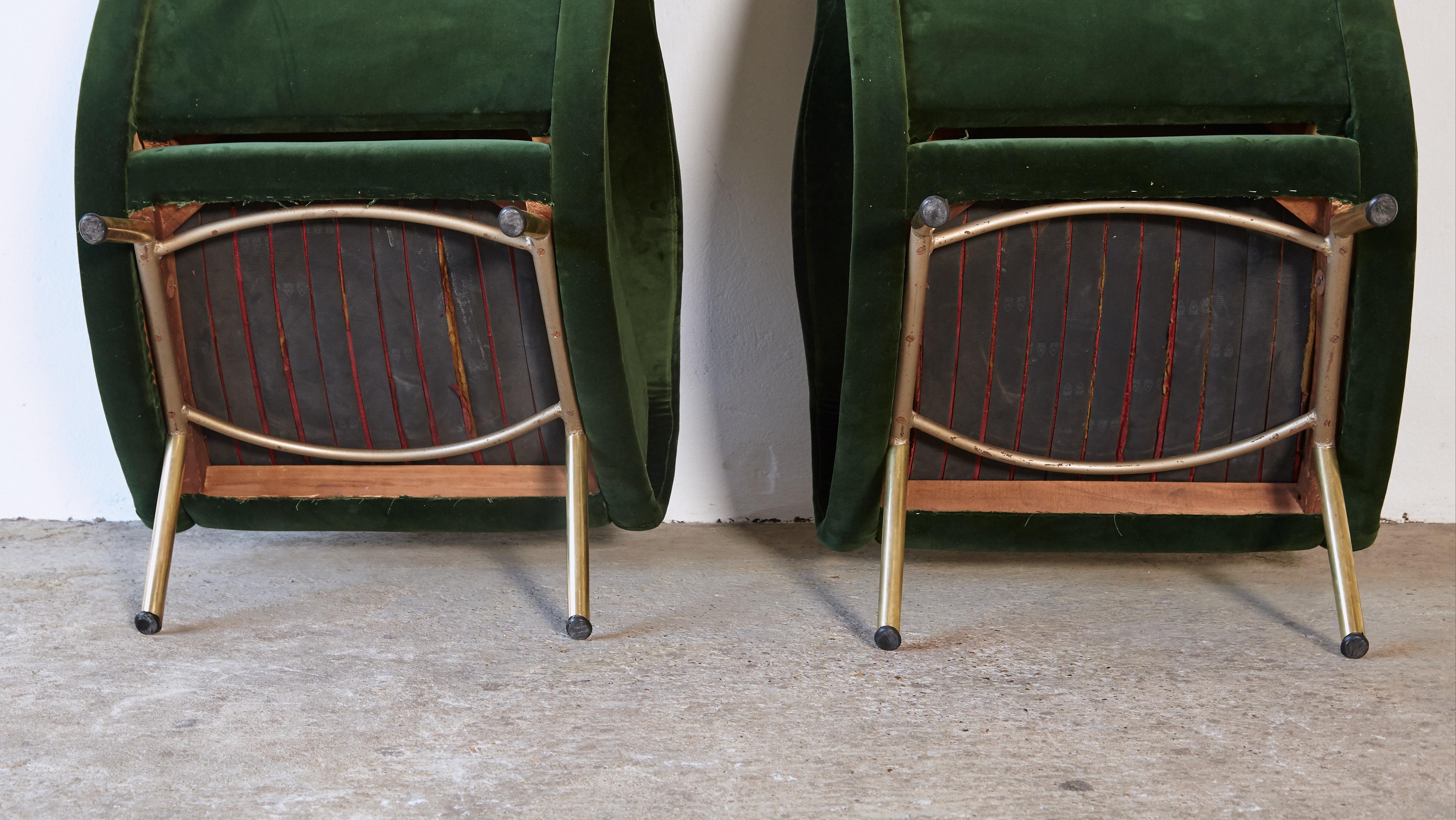 Authentic Marco Zanuso Senior Chairs, Green Velvet, Arflex, Italy, 1960s 1
